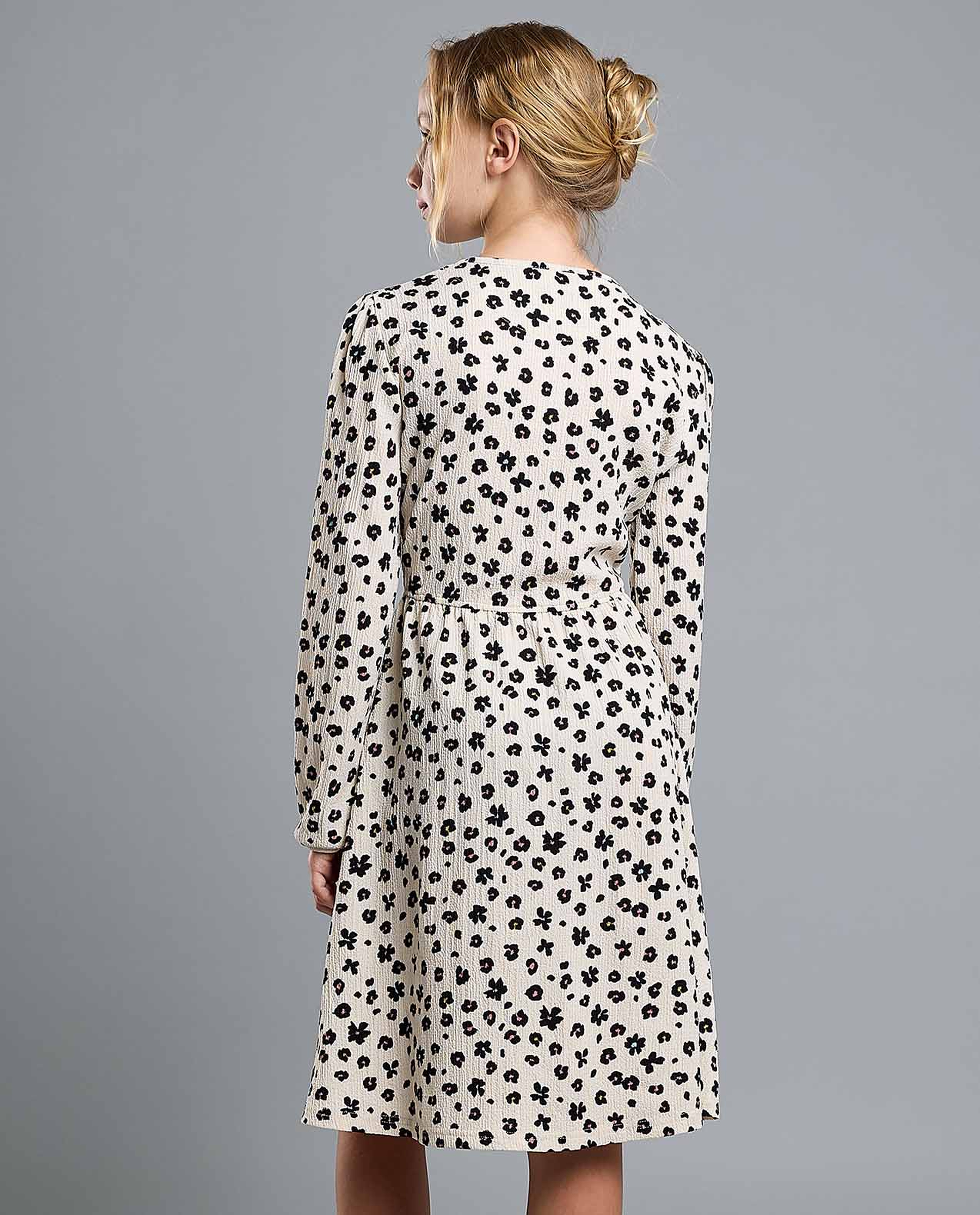 Printed Flared Dress with Crew Neck and Long Sleeves