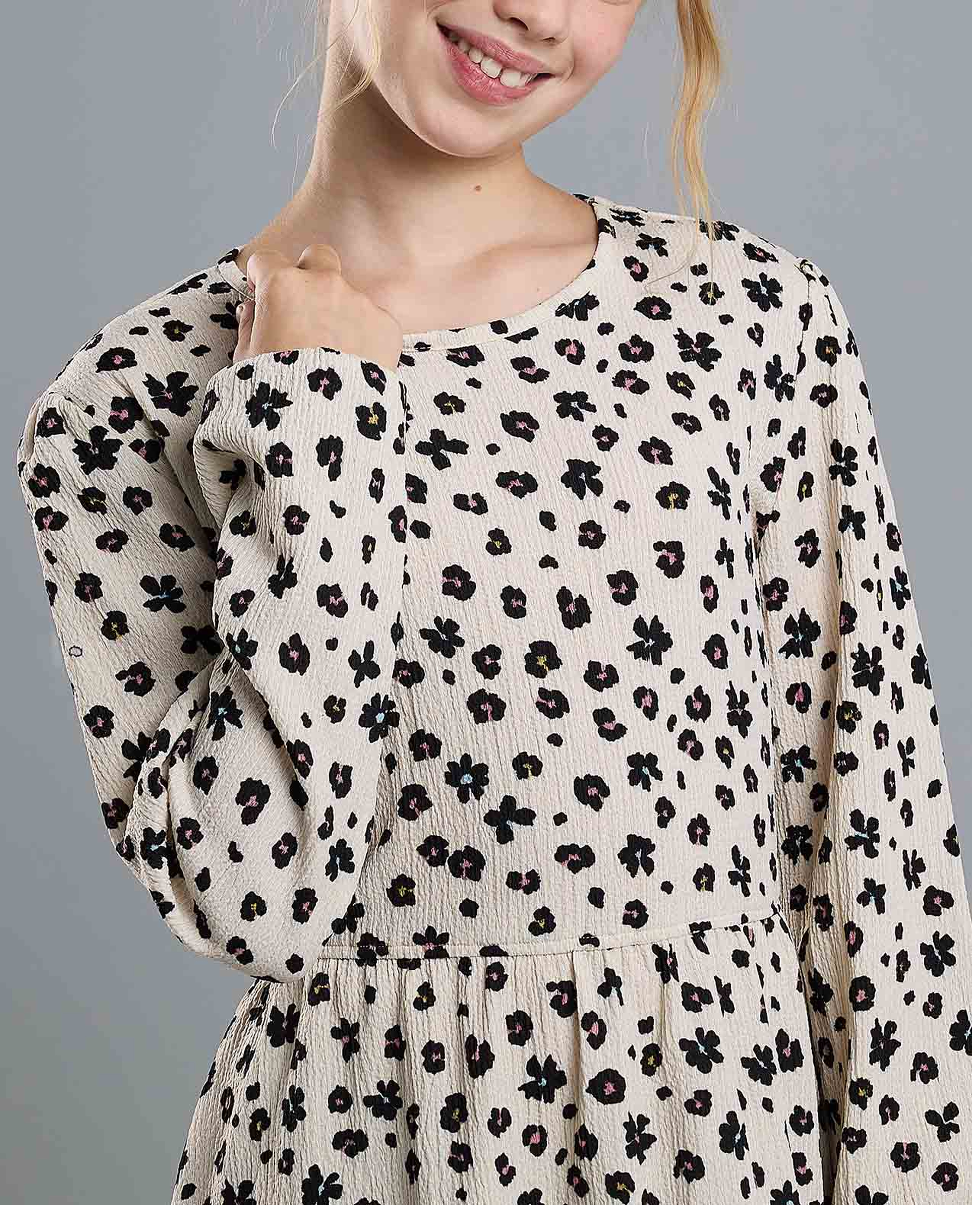 Printed Flared Dress with Crew Neck and Long Sleeves