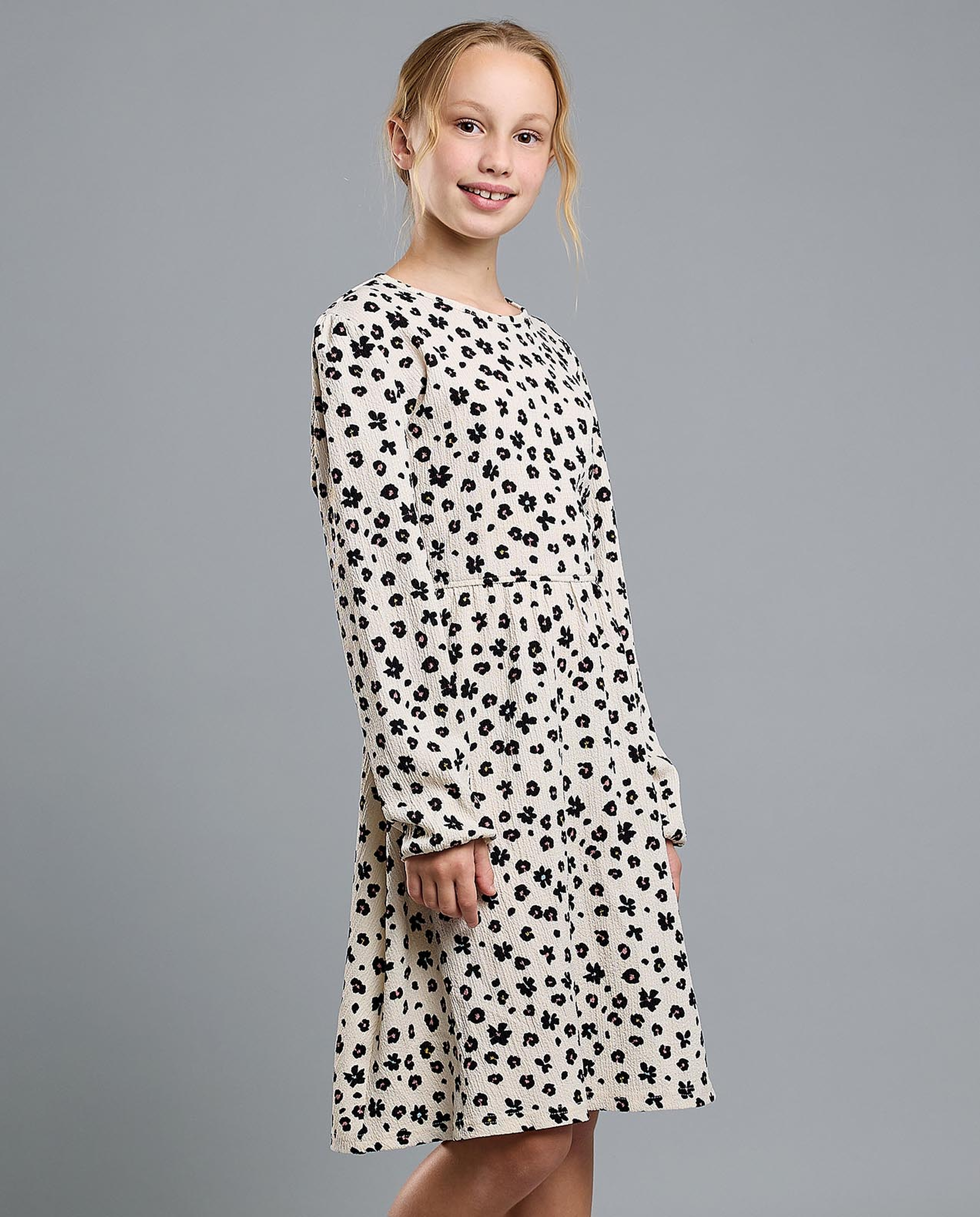 Printed Flared Dress with Crew Neck and Long Sleeves
