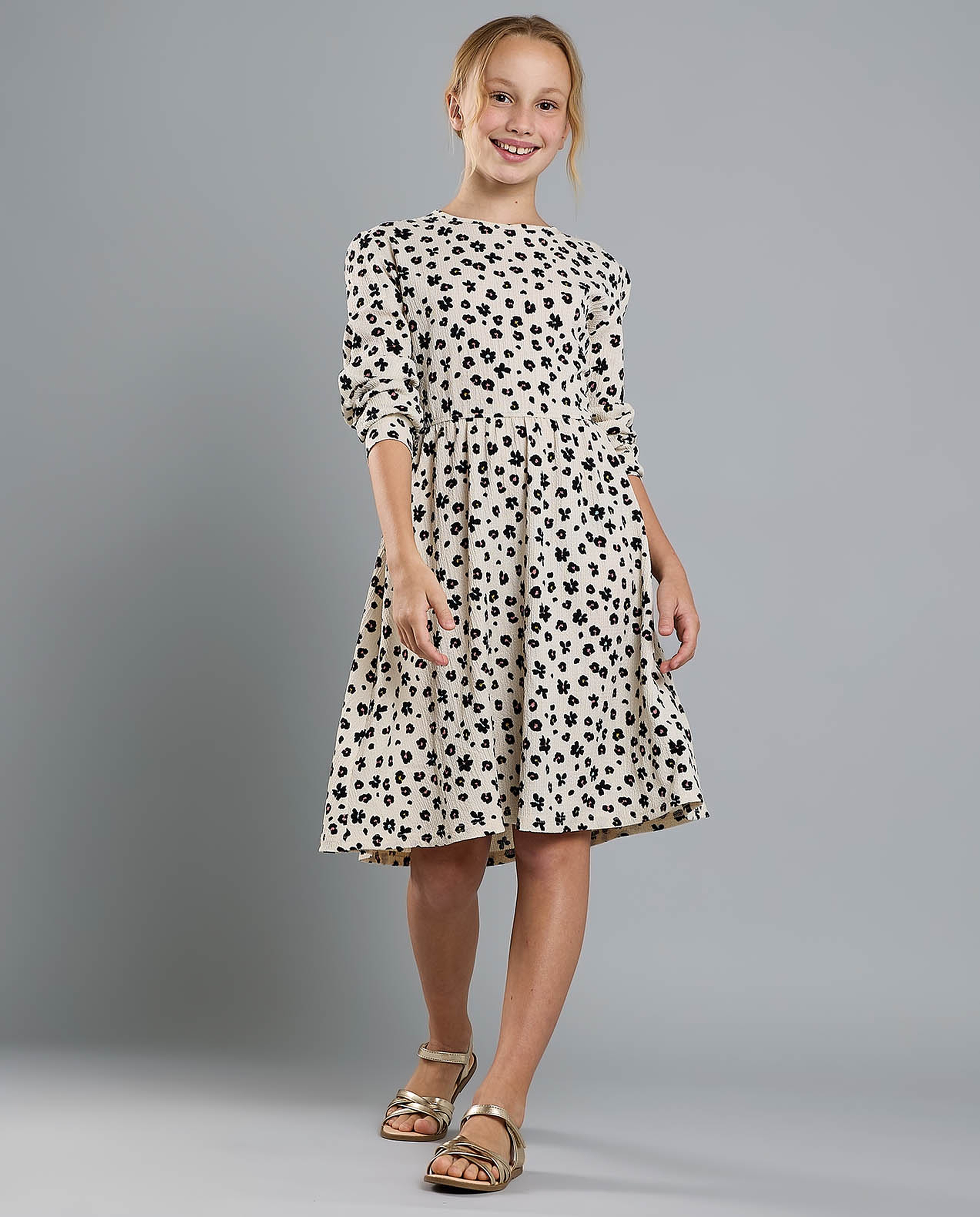 Printed Flared Dress with Crew Neck and Long Sleeves