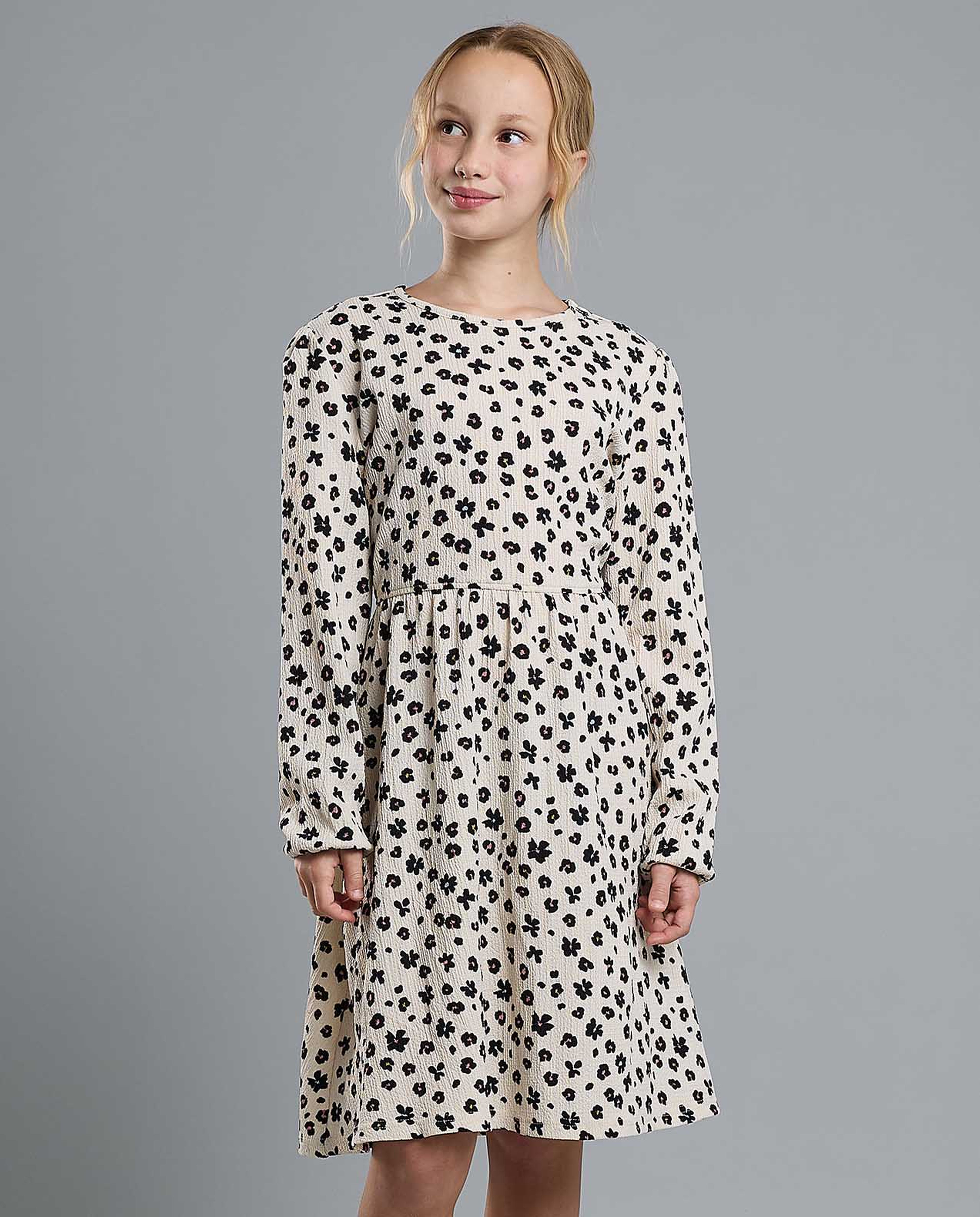 Printed Flared Dress with Crew Neck and Long Sleeves