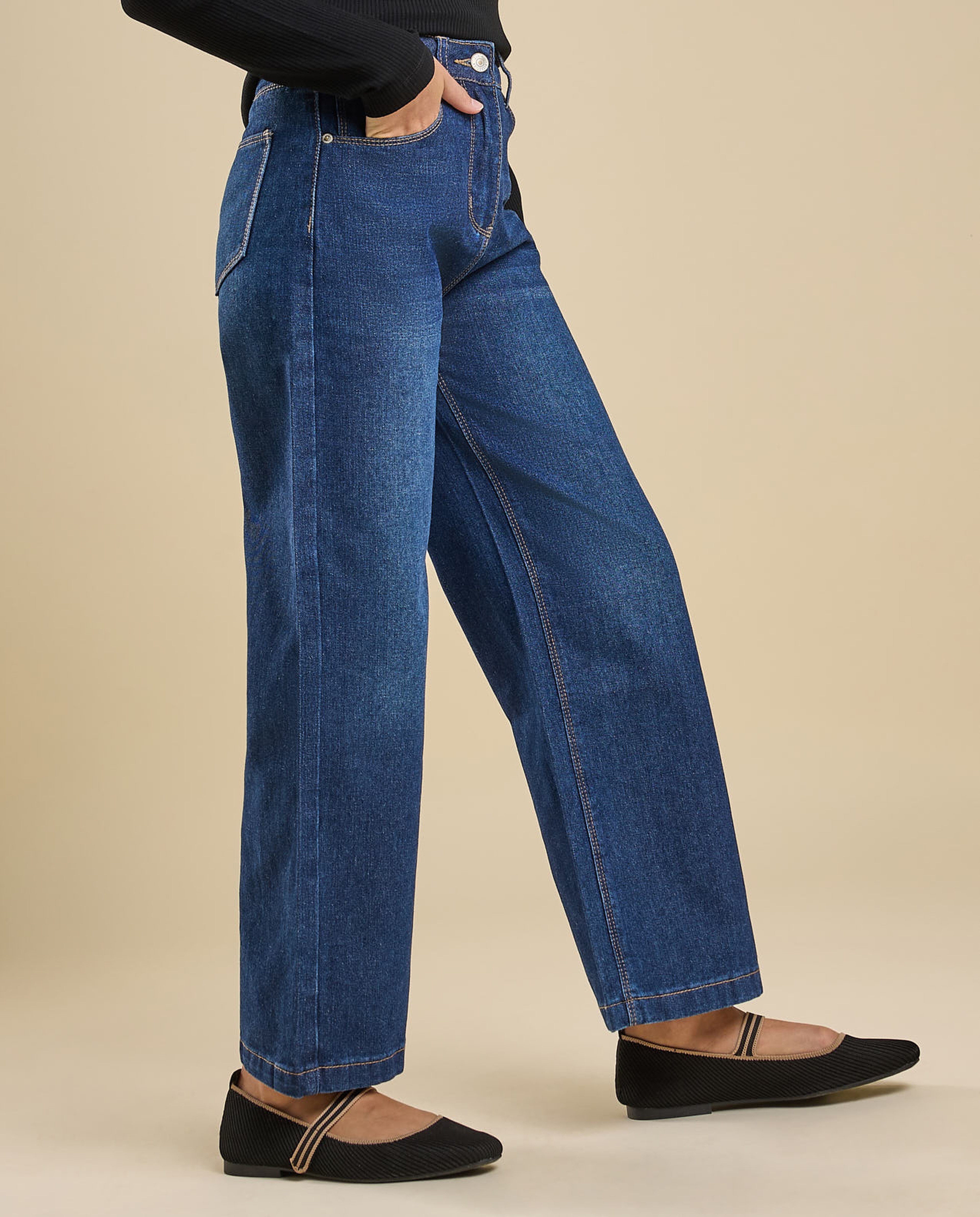 Faded Wide Leg Jeans with Button Closure
