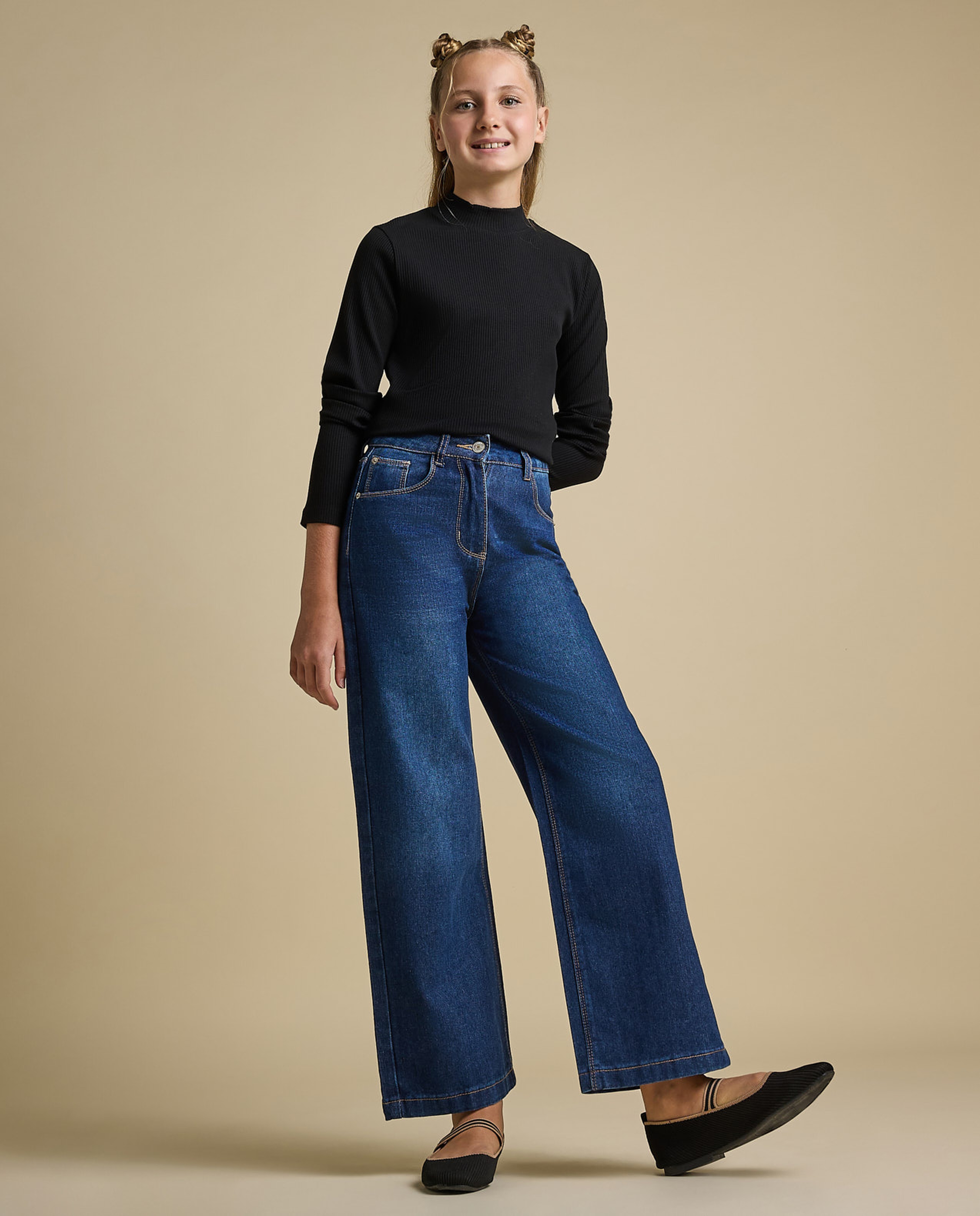 Faded Wide Leg Jeans with Button Closure
