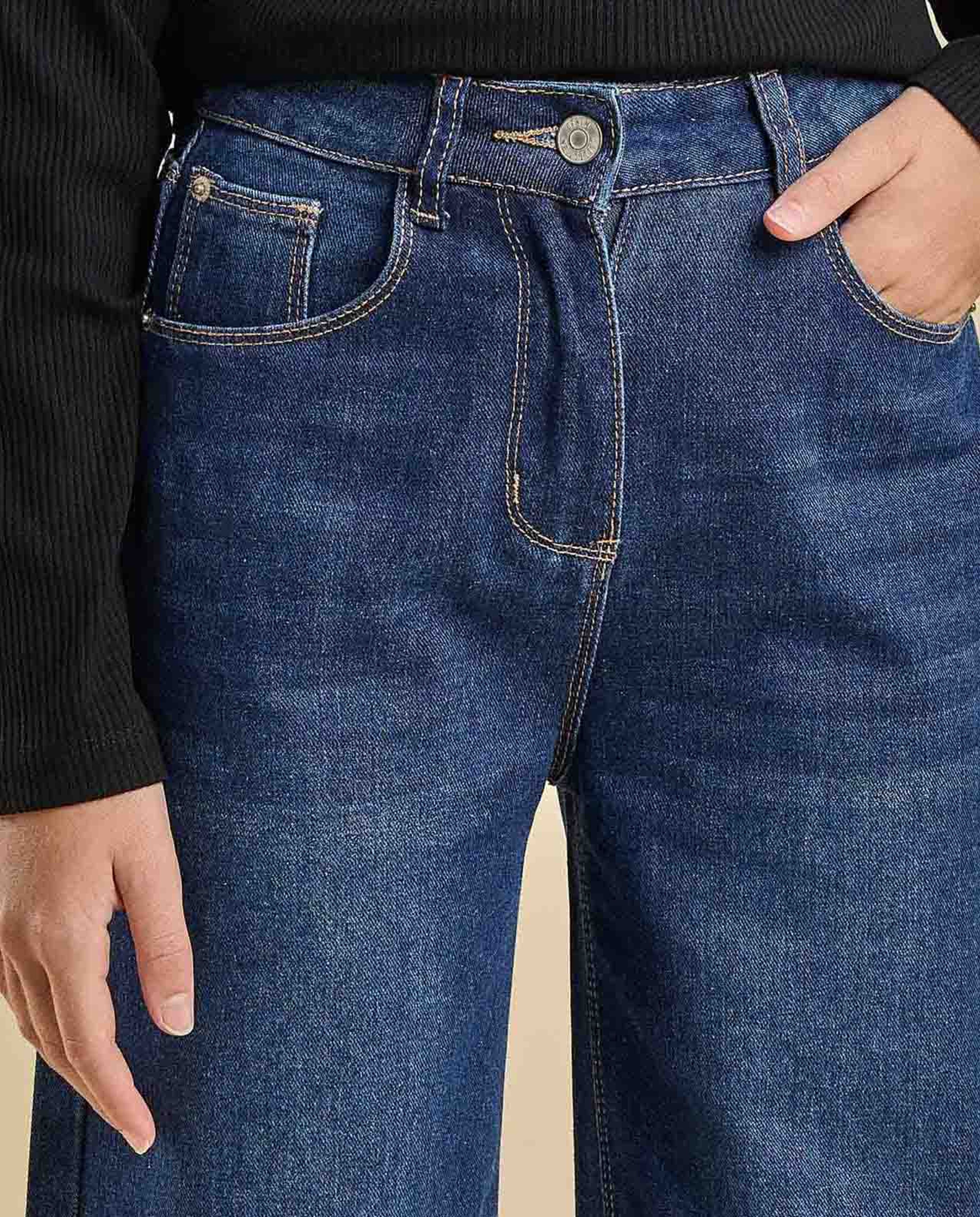 Faded Wide Leg Jeans with Button Closure