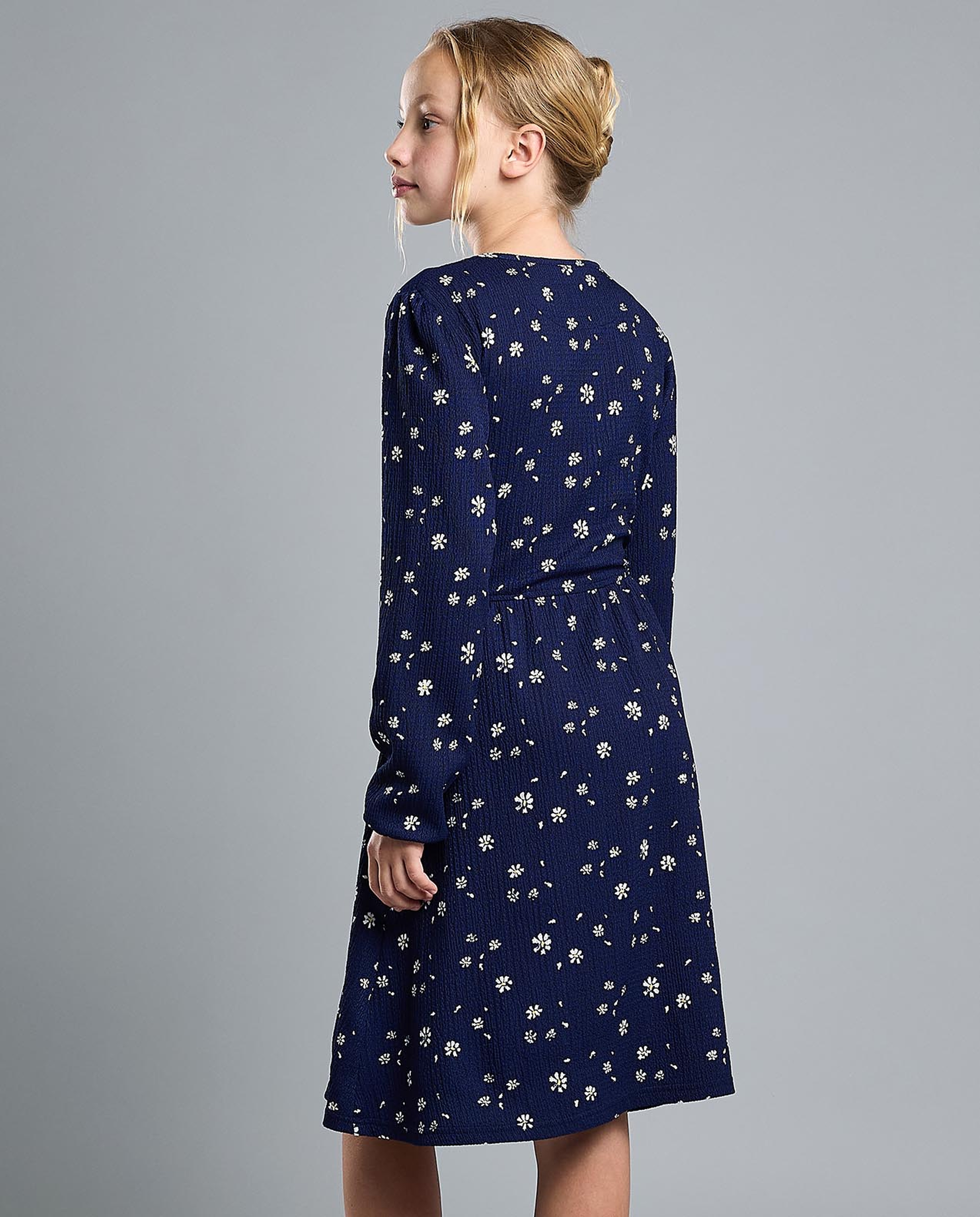 Printed Flared Dress with Crew Neck and Long Sleeves