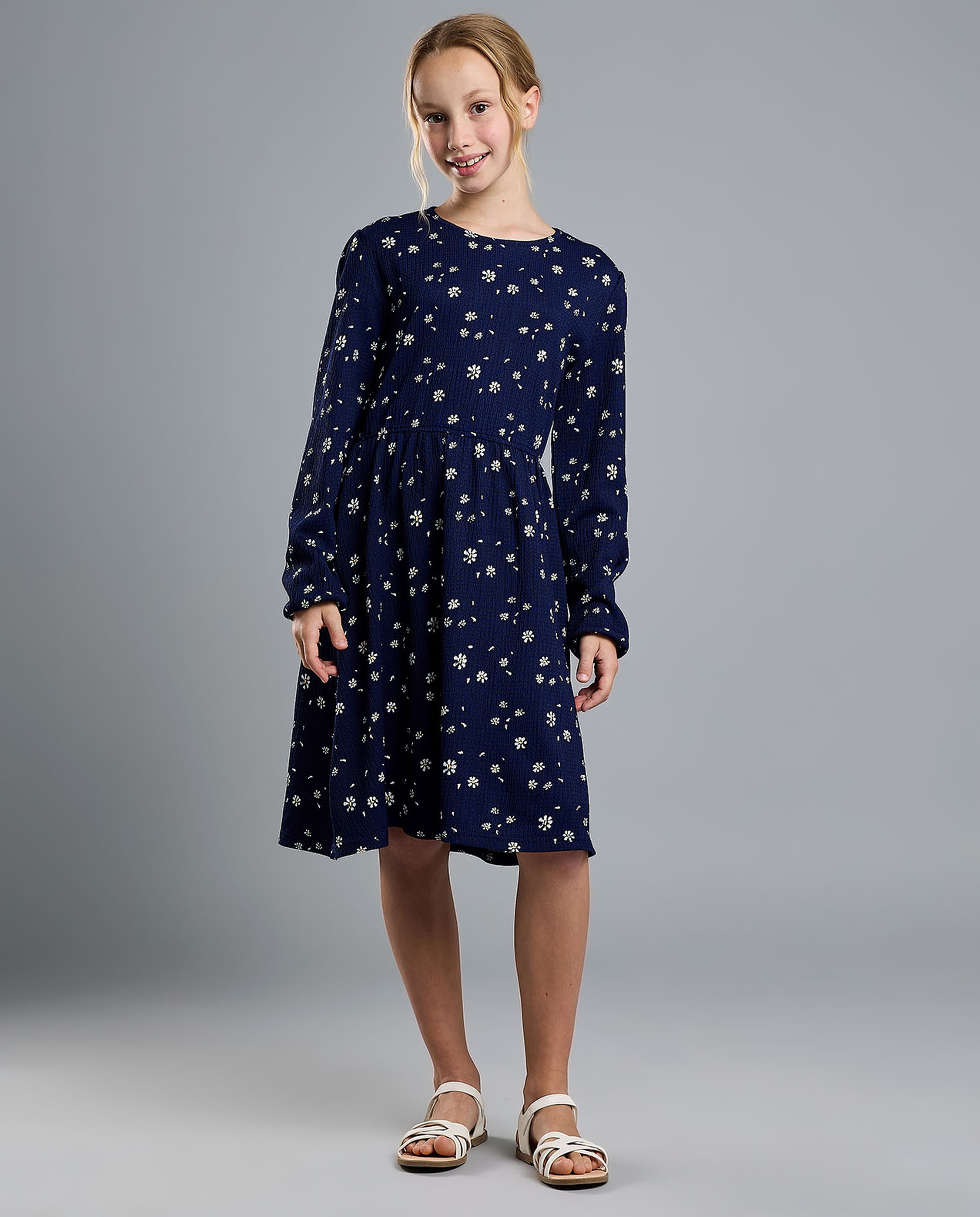 Printed Flared Dress with Crew Neck and Long Sleeves