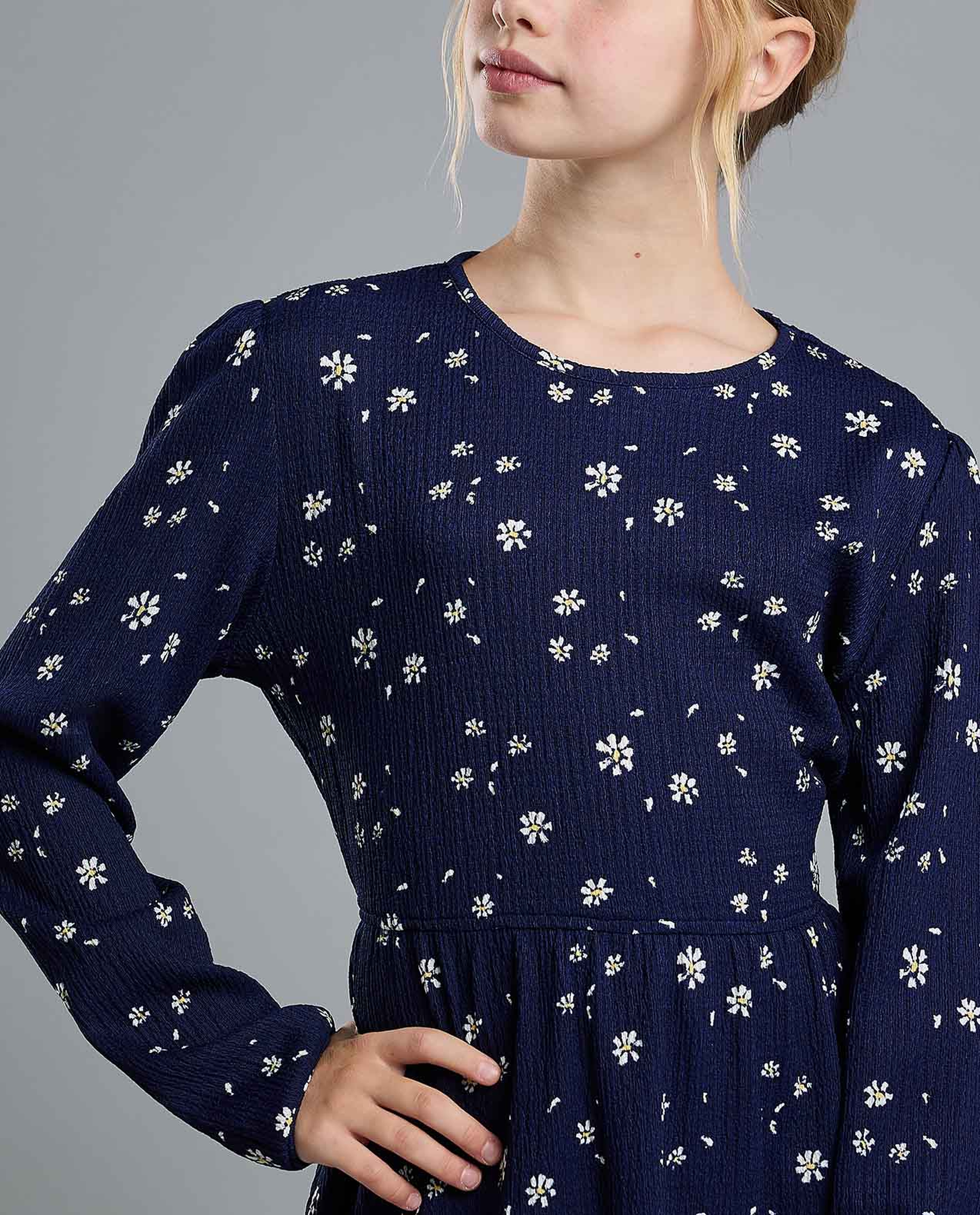 Printed Flared Dress with Crew Neck and Long Sleeves