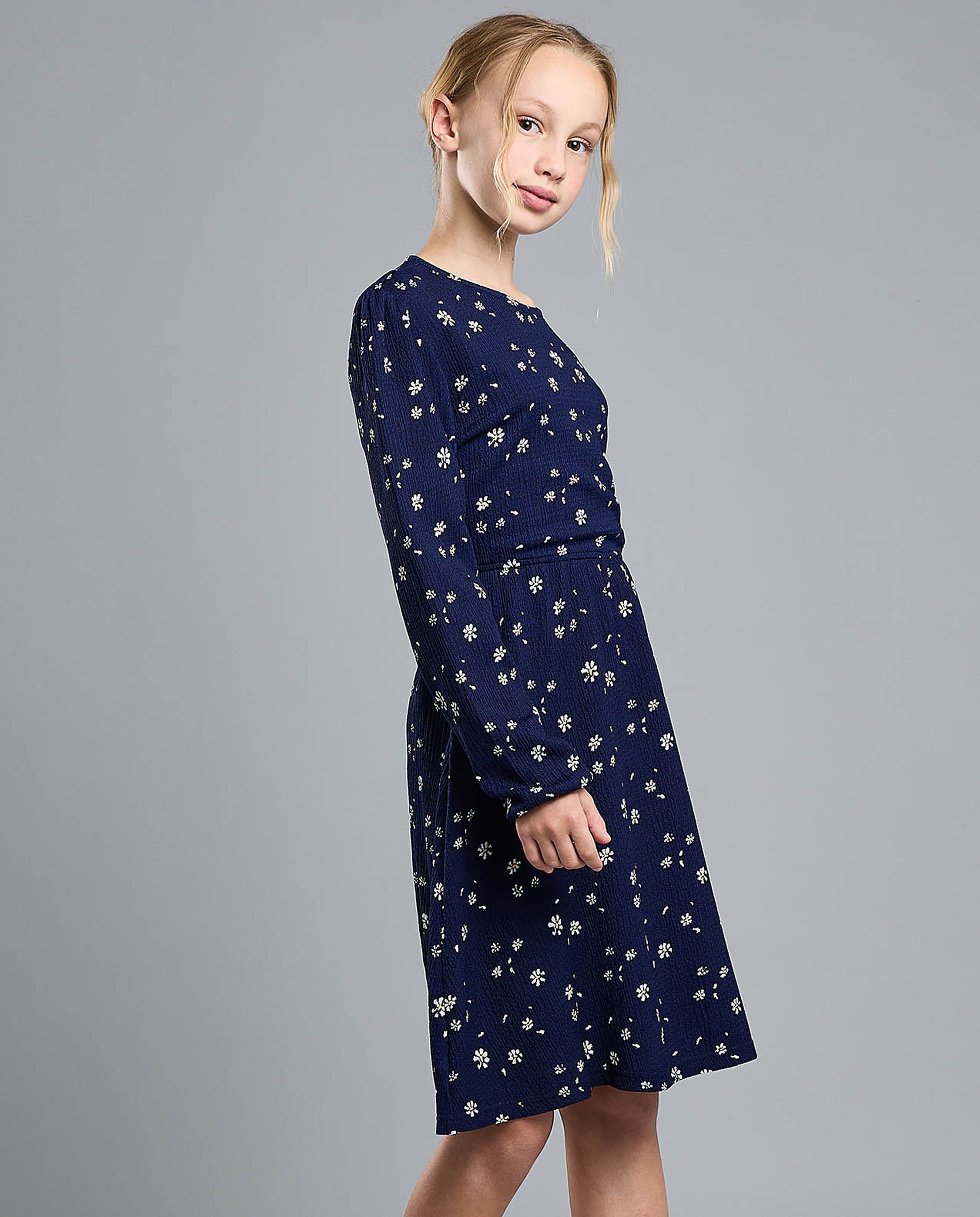 Printed Flared Dress with Crew Neck and Long Sleeves