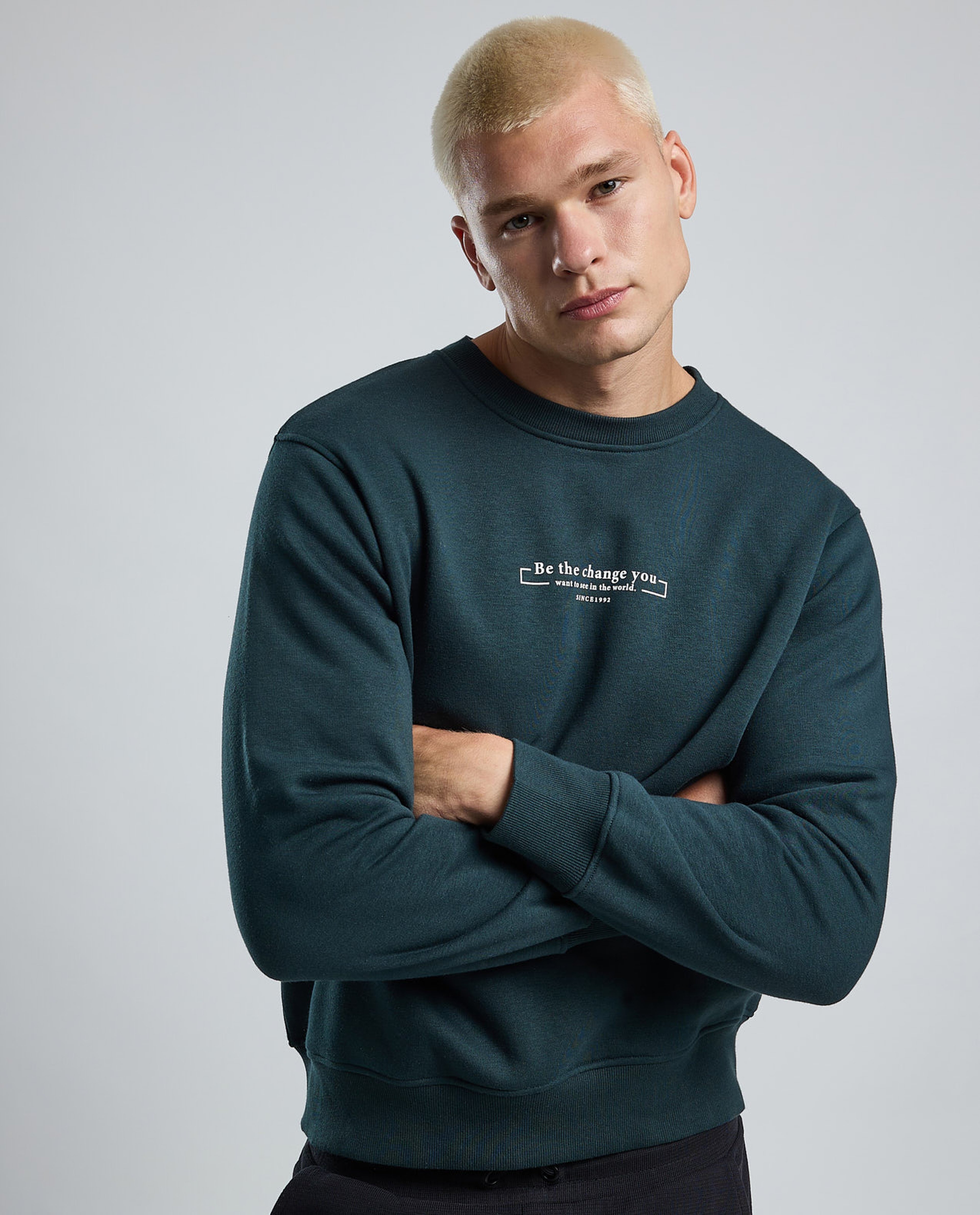 Typography Print Sweatshirt with Crew Neck and Long Sleeves