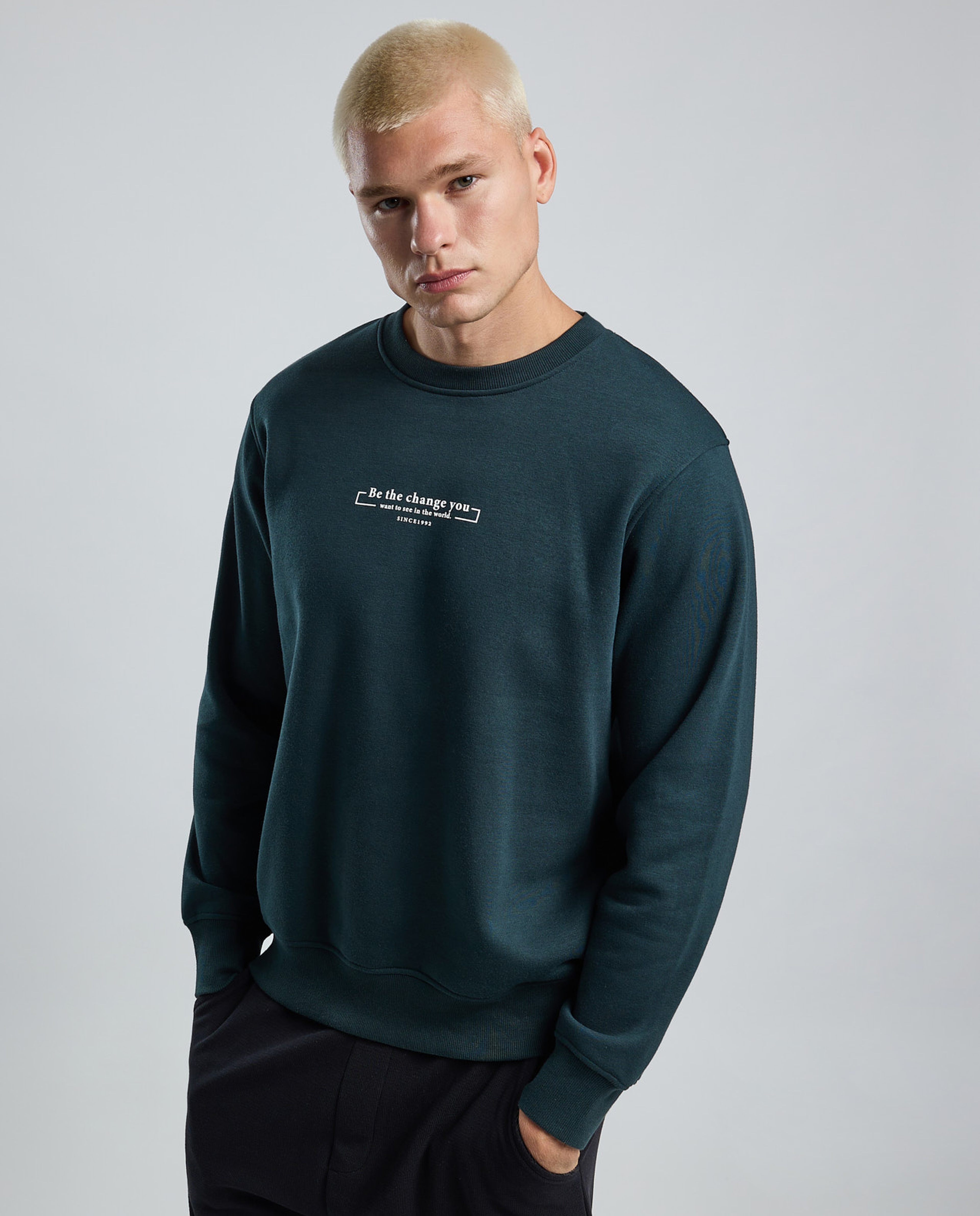Typography Print Sweatshirt with Crew Neck and Long Sleeves