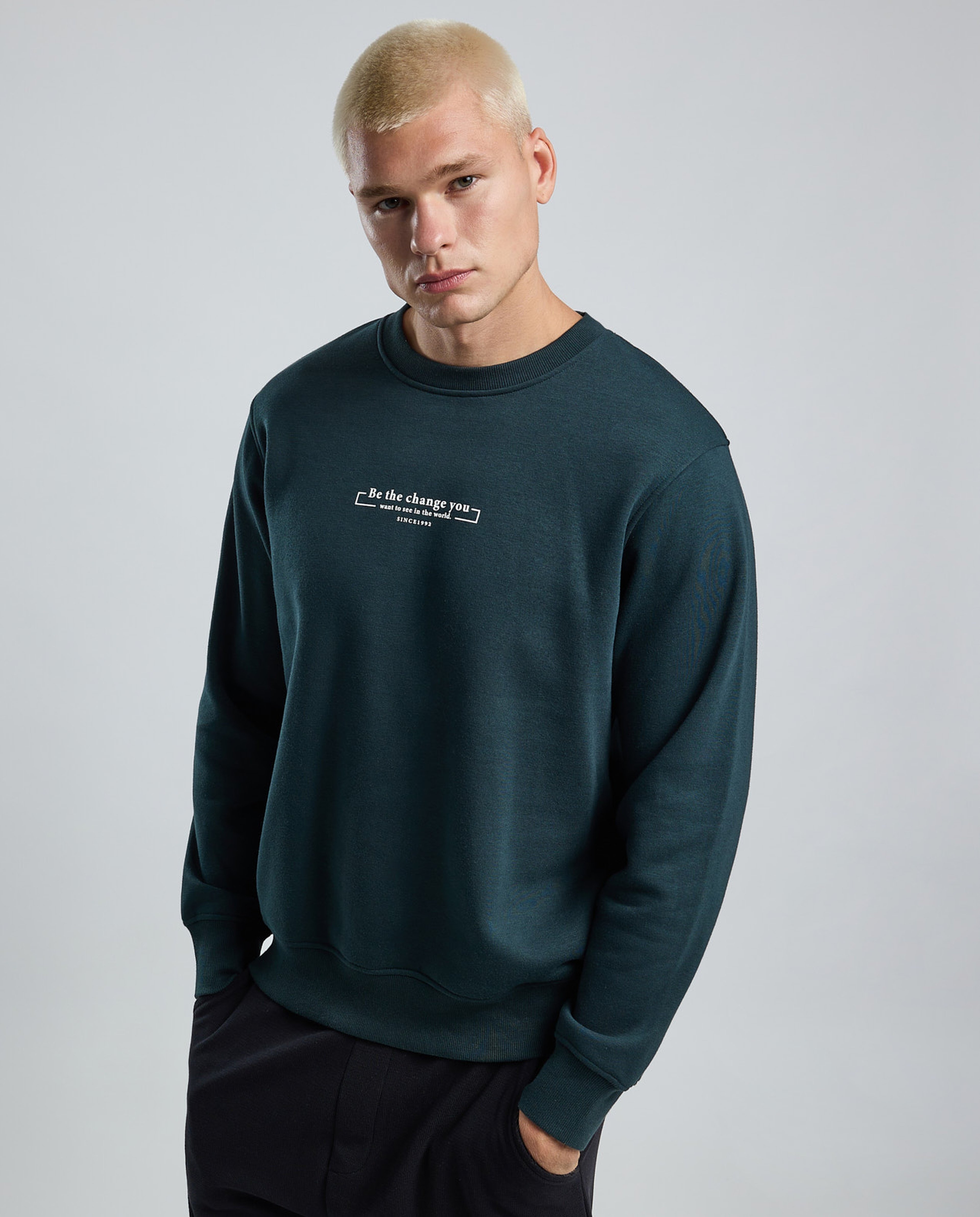 Typography Print Sweatshirt with Crew Neck and Long Sleeves