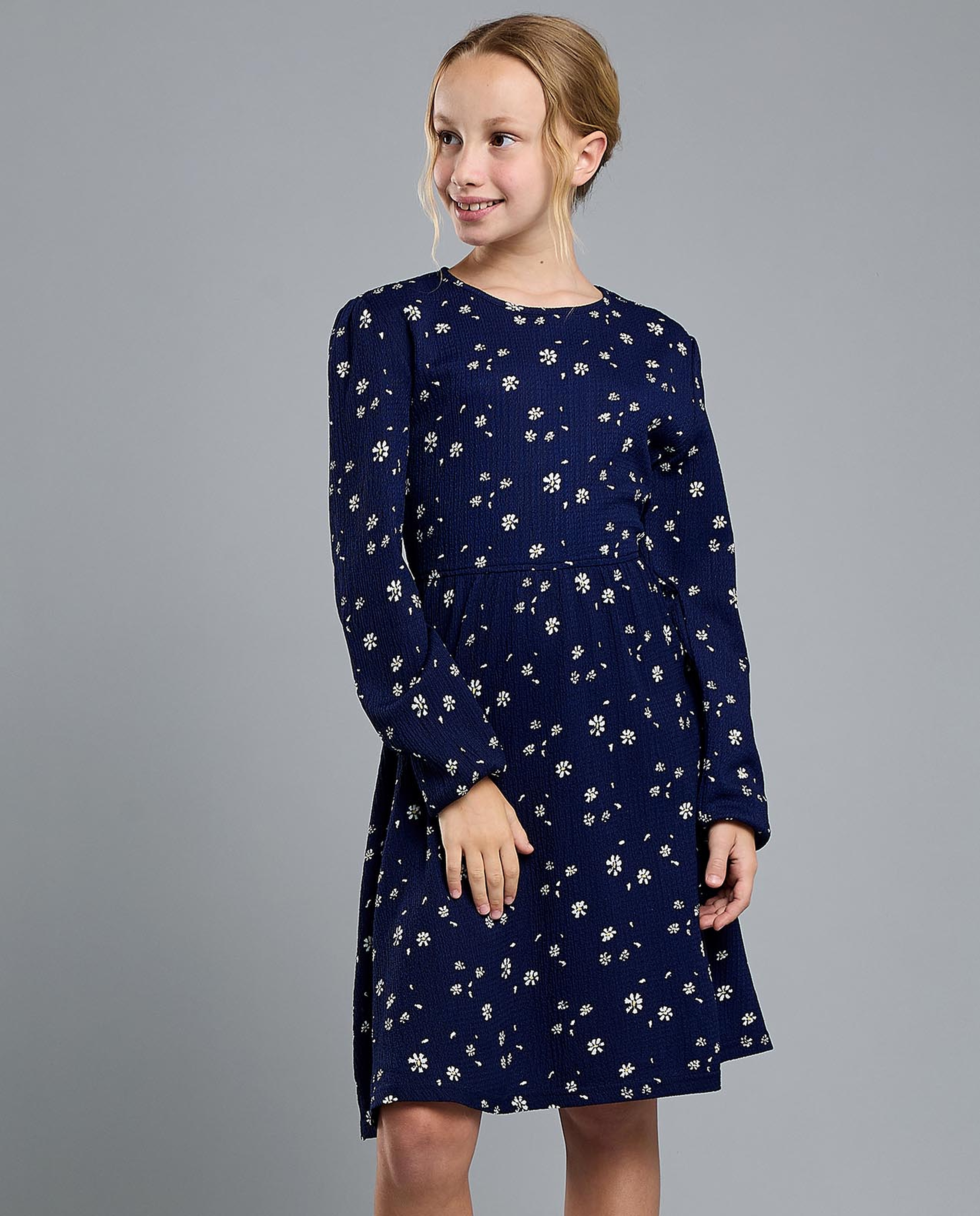 Printed Flared Dress with Crew Neck and Long Sleeves