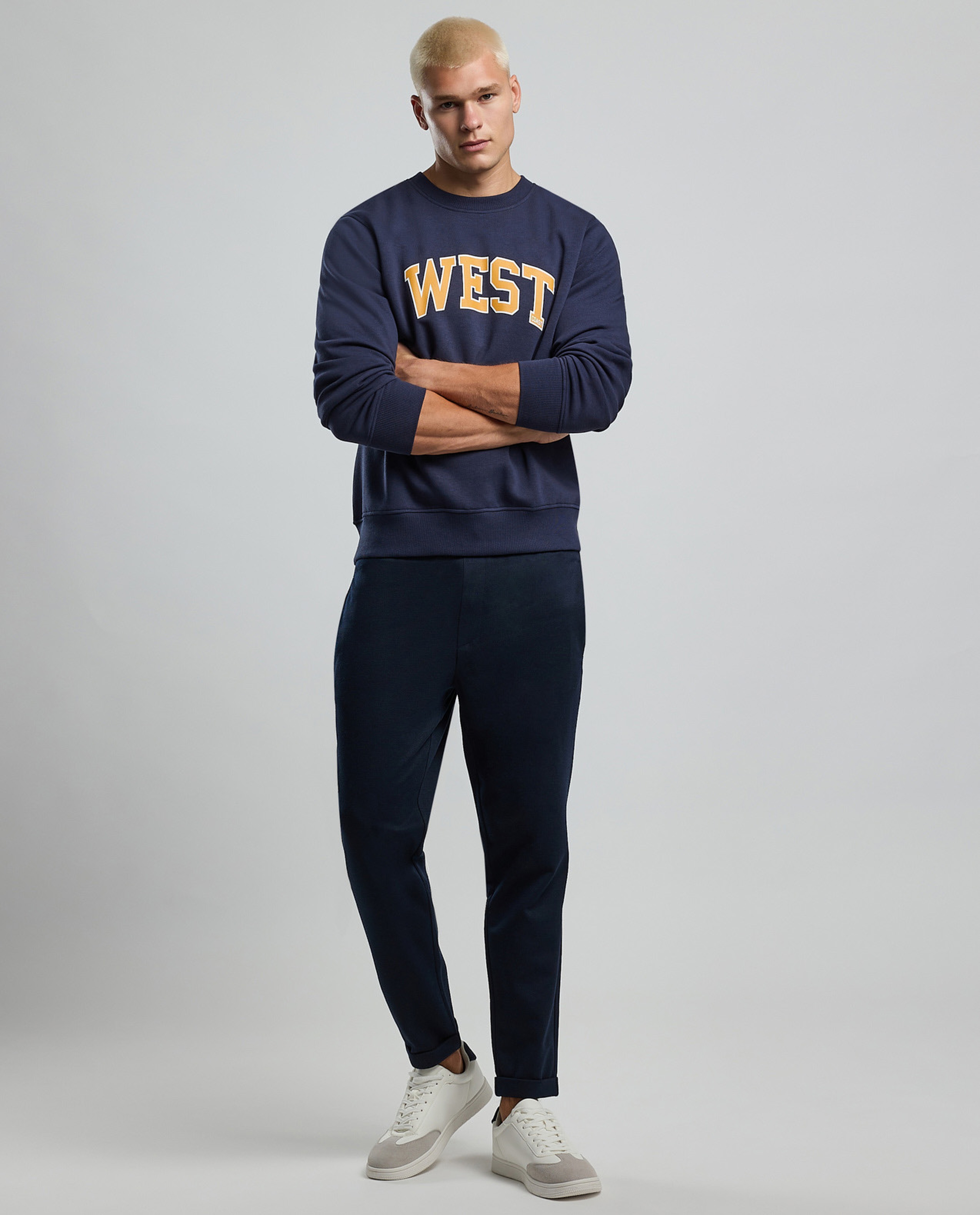 Typography Print Sweatshirt with Crew Neck and Long Sleeves