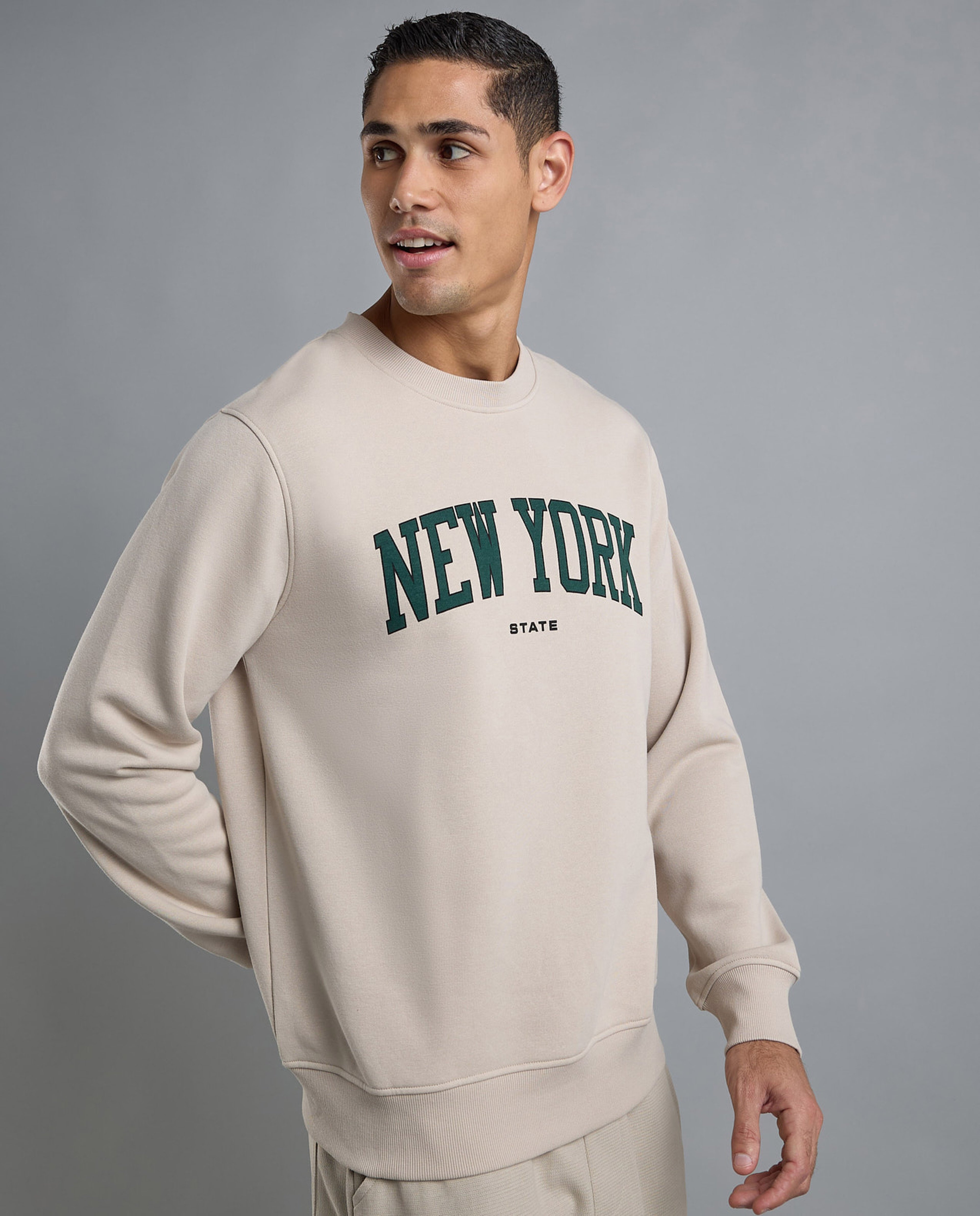 Typography Print Sweatshirt with Crew Neck and Long Sleeves