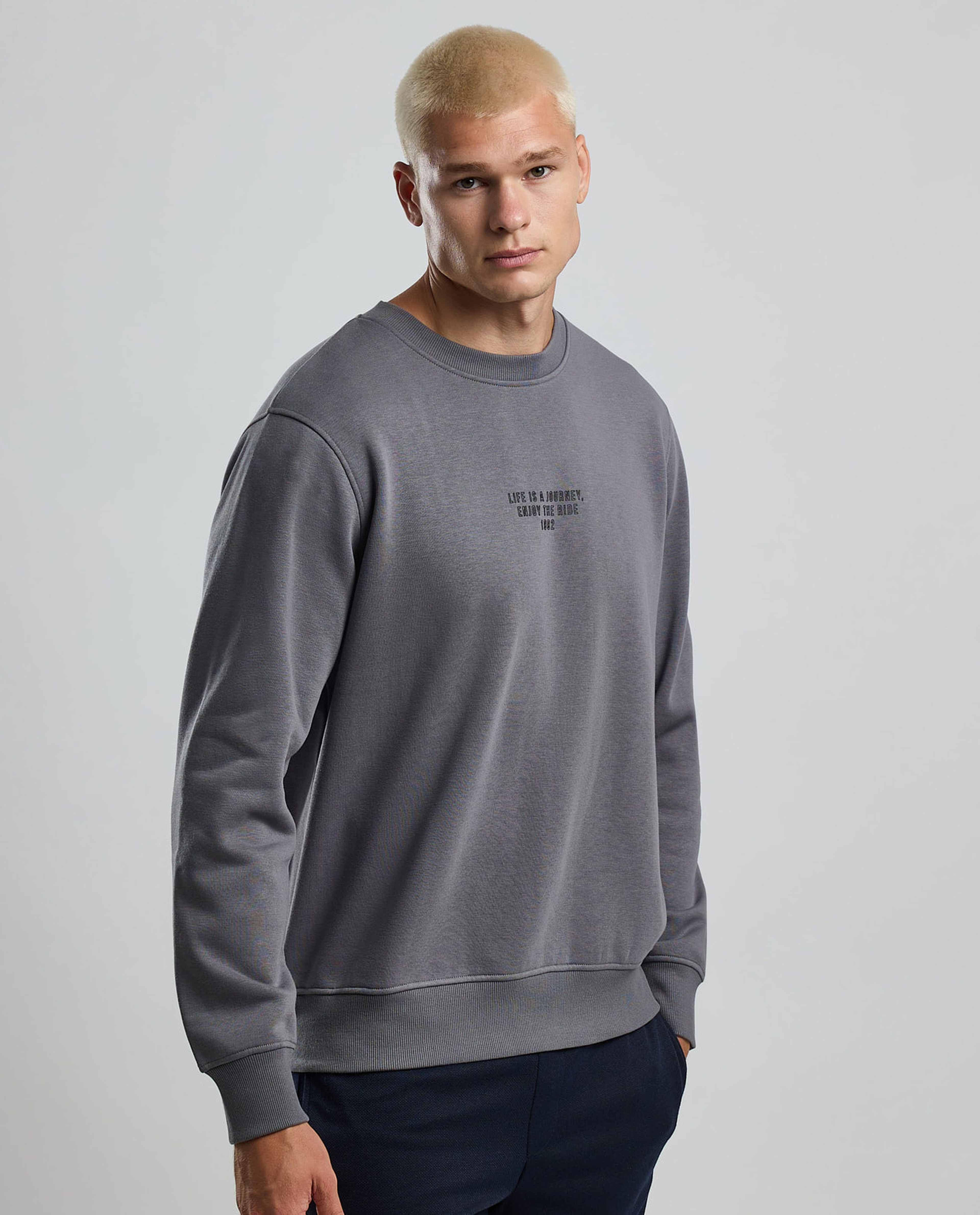 Typography Print Sweatshirt with Crew Neck and Long Sleeves