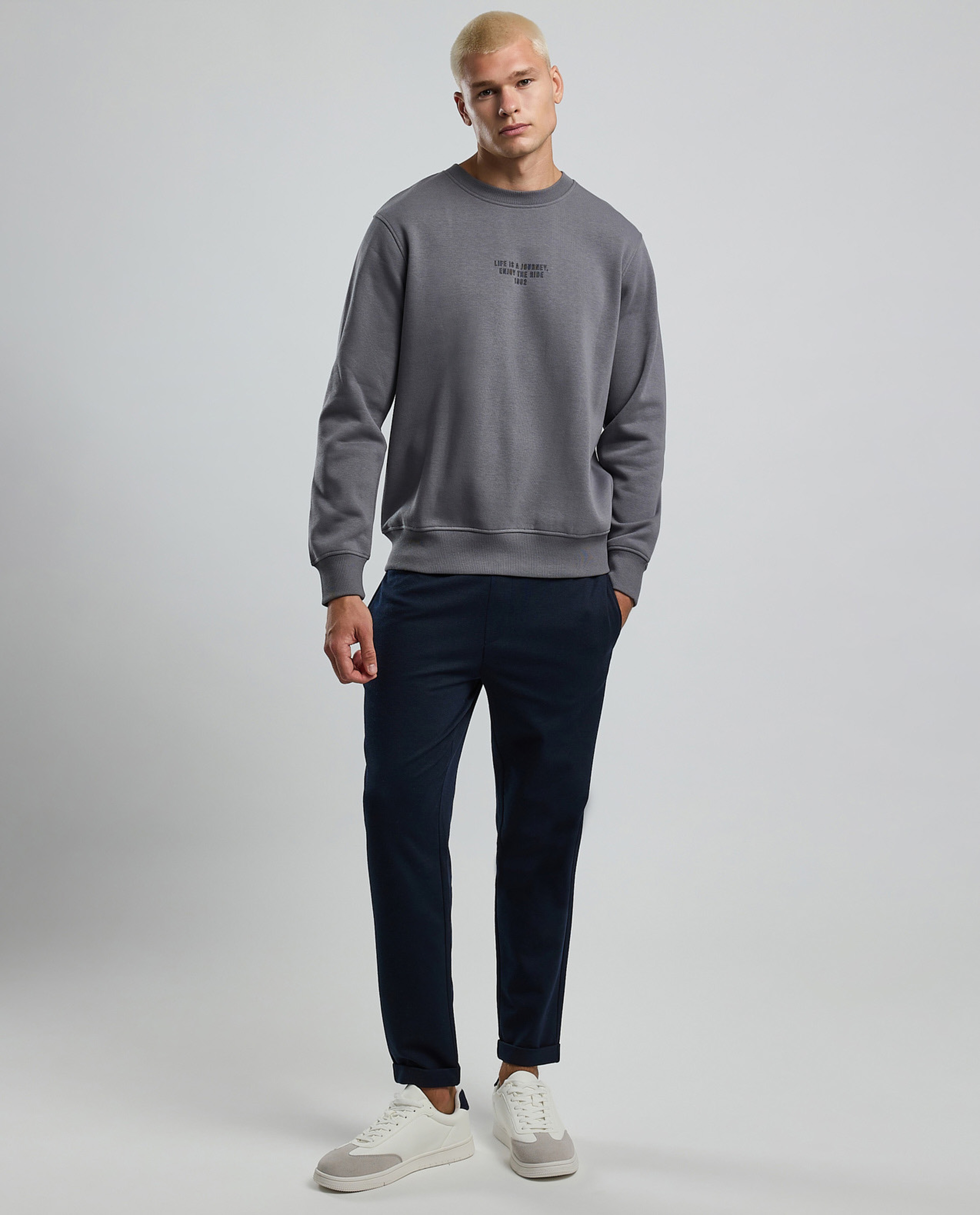 Typography Print Sweatshirt with Crew Neck and Long Sleeves