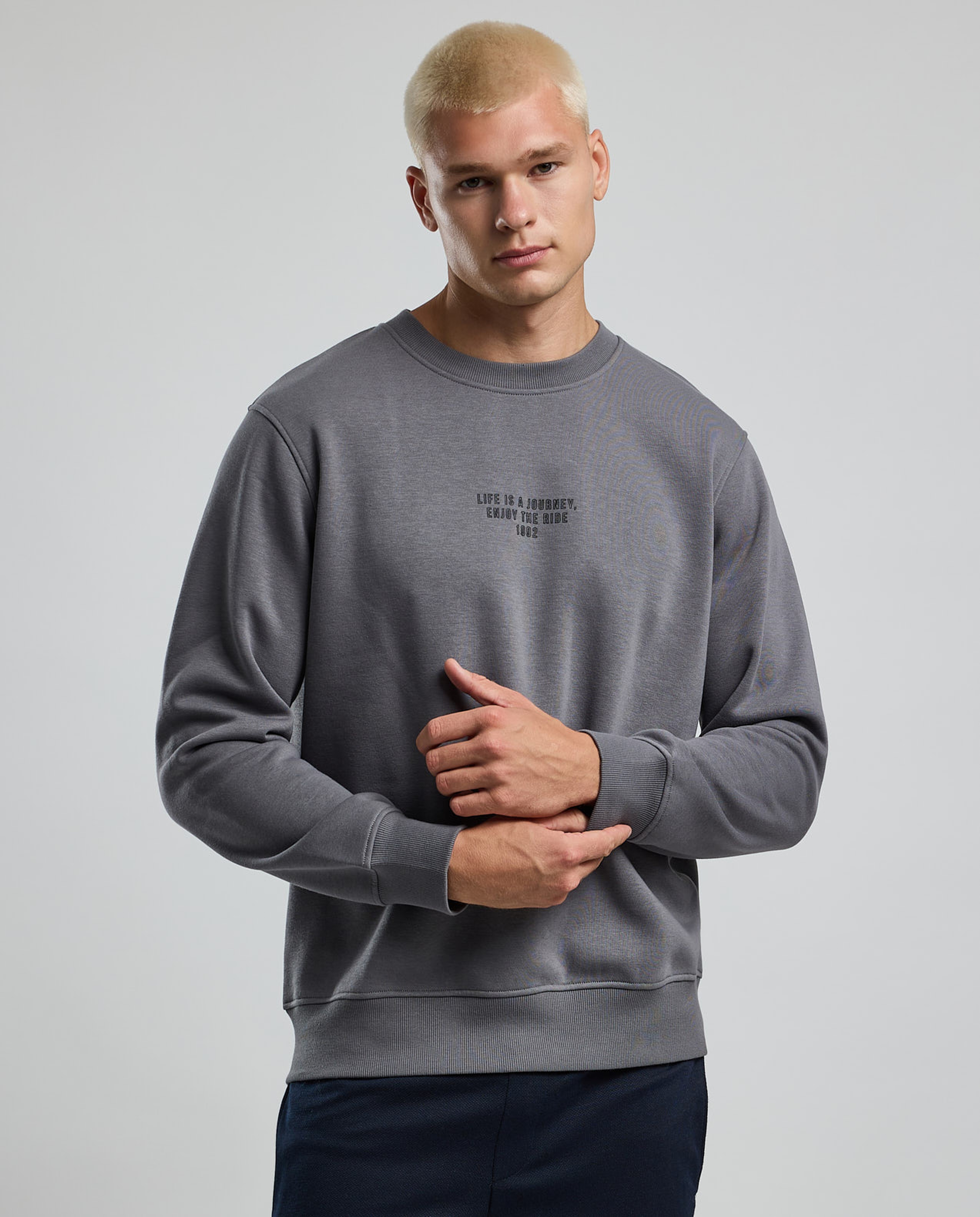 Typography Print Sweatshirt with Crew Neck and Long Sleeves