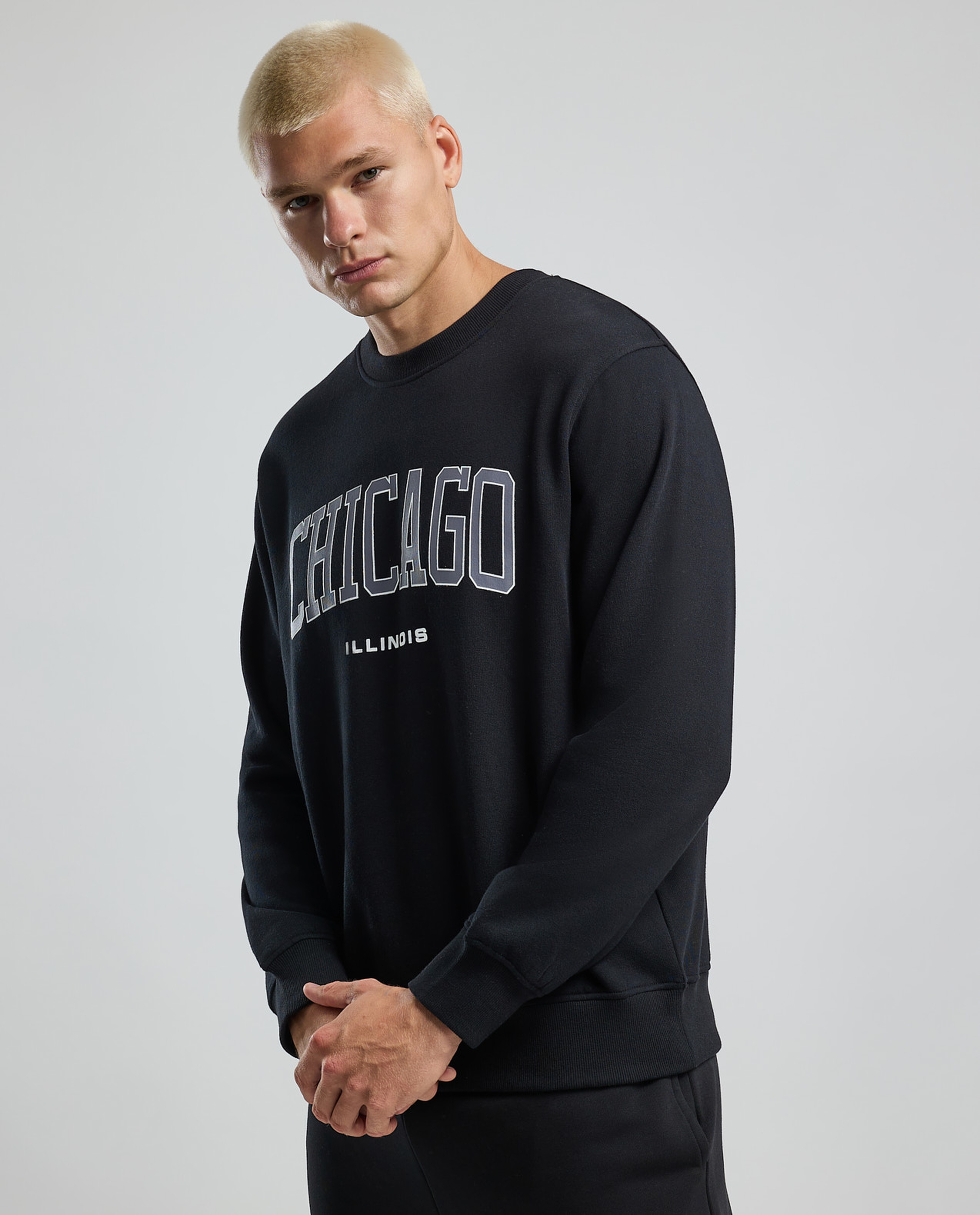 Typography Print Sweatshirt with Crew Neck and Long Sleeves