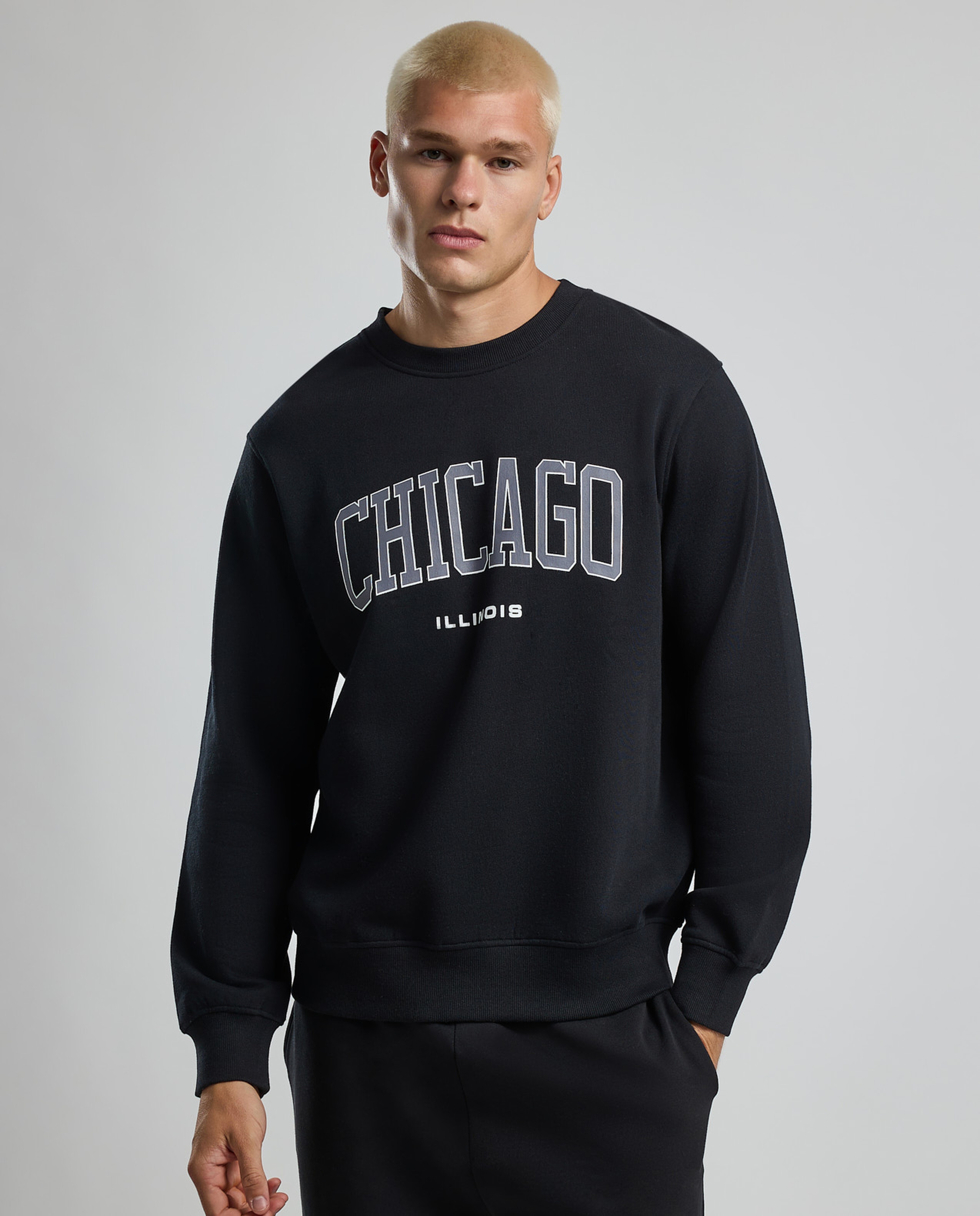 Typography Print Sweatshirt with Crew Neck and Long Sleeves