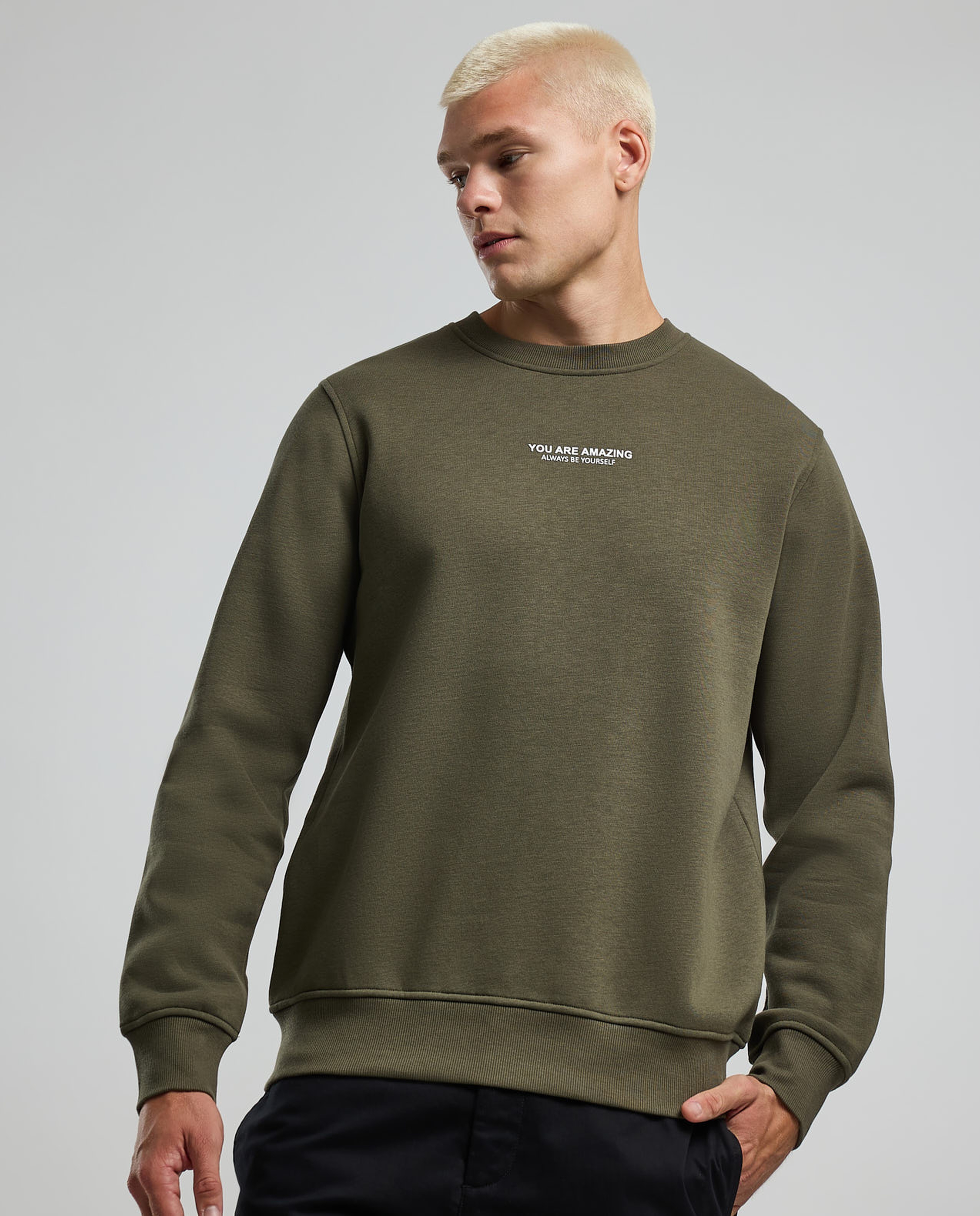 Typography Print Sweatshirt with Crew Neck and Long Sleeves