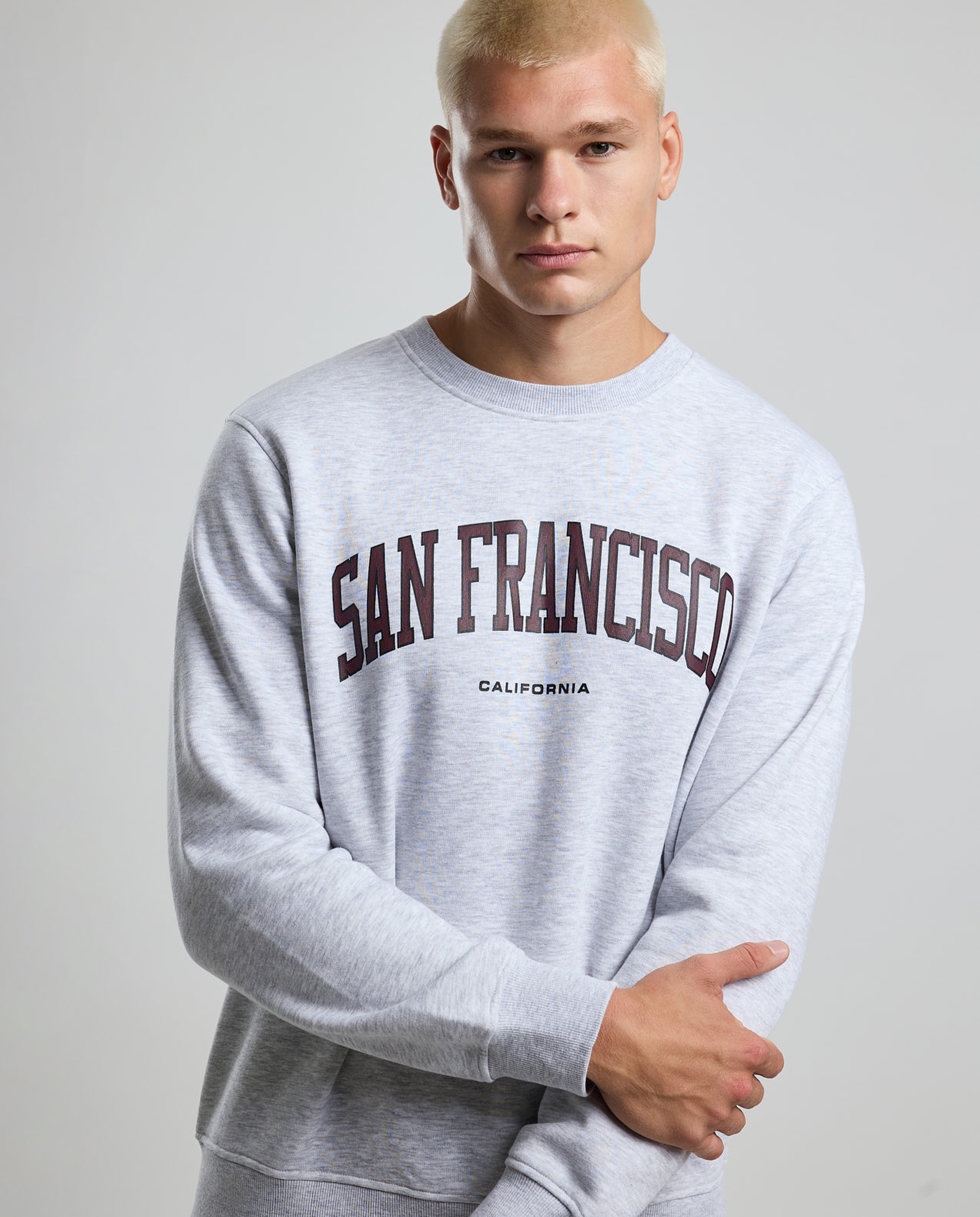 Typography Print Sweatshirt with Crew Neck and Long Sleeves