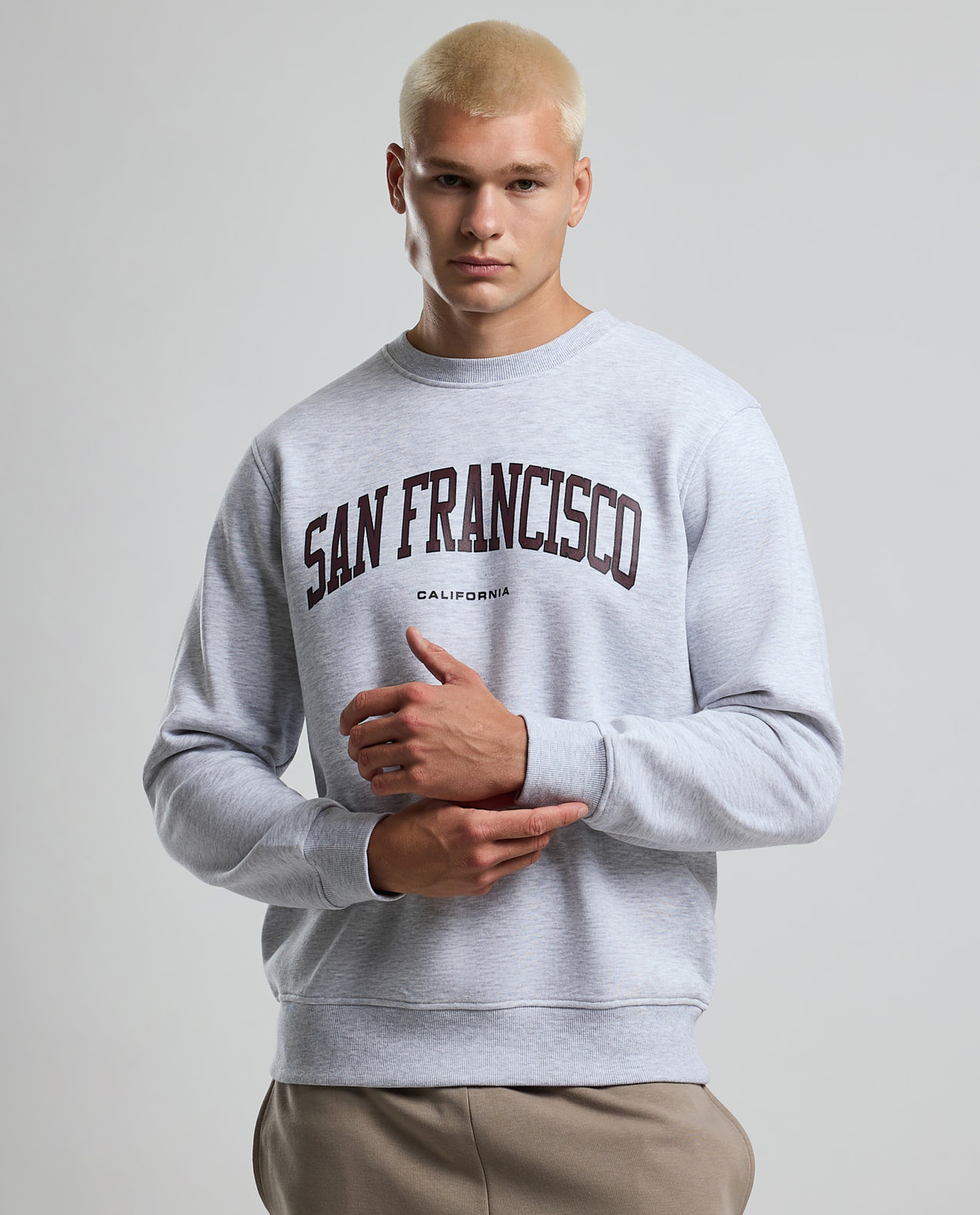 Typography Print Sweatshirt with Crew Neck and Long Sleeves