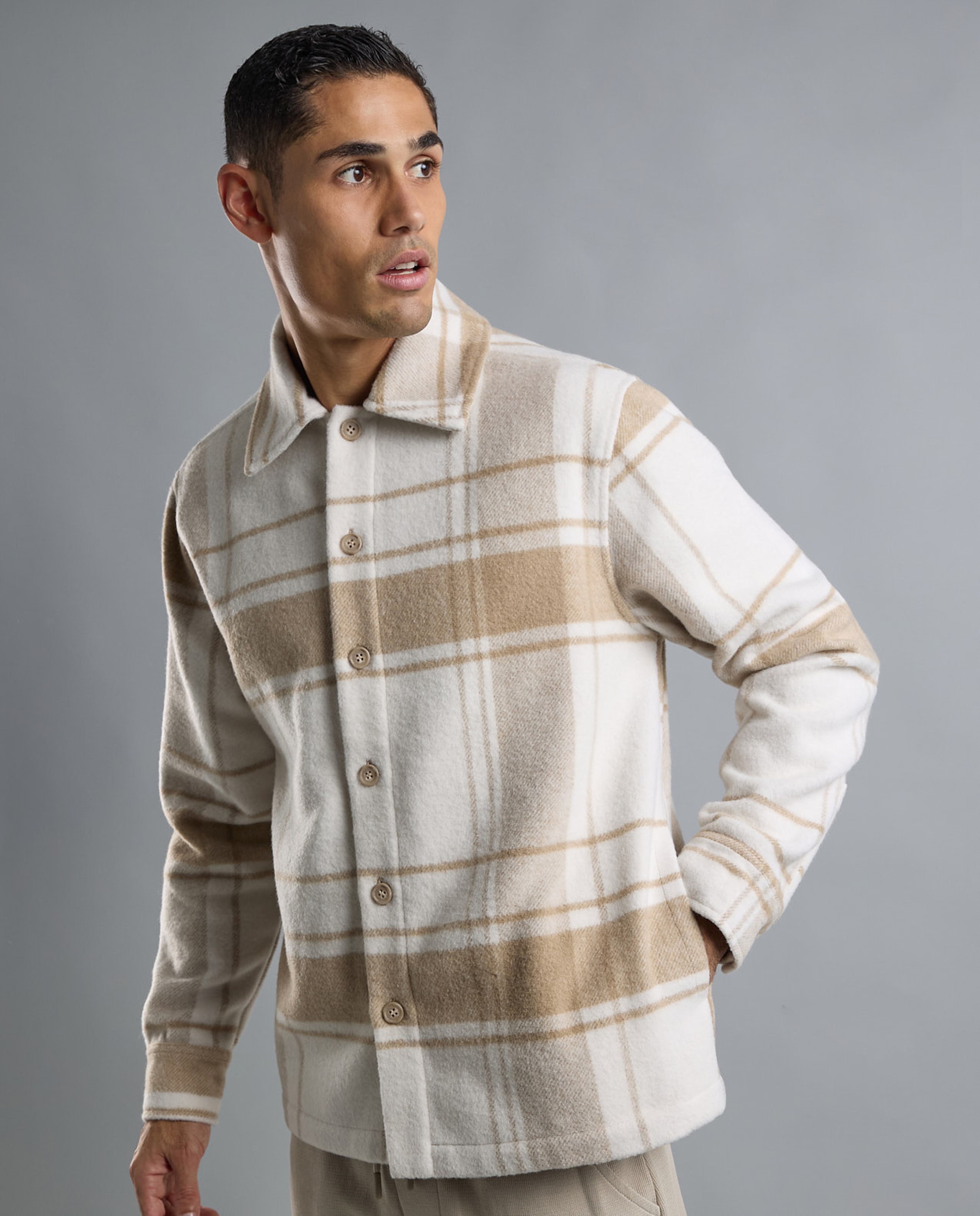 Plaid Shacket with Shirt Collar and Long Sleeves