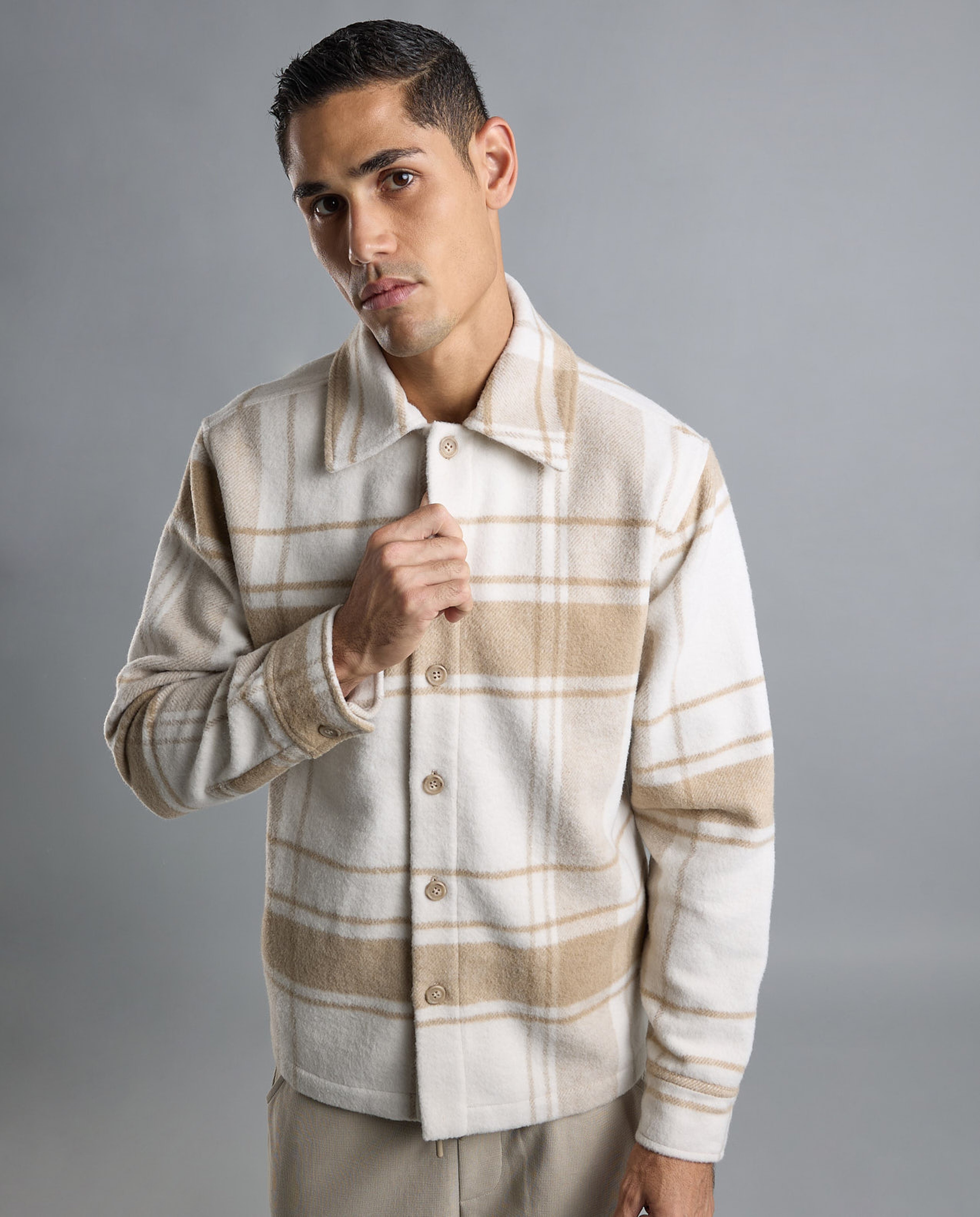 Plaid Shacket with Shirt Collar and Long Sleeves