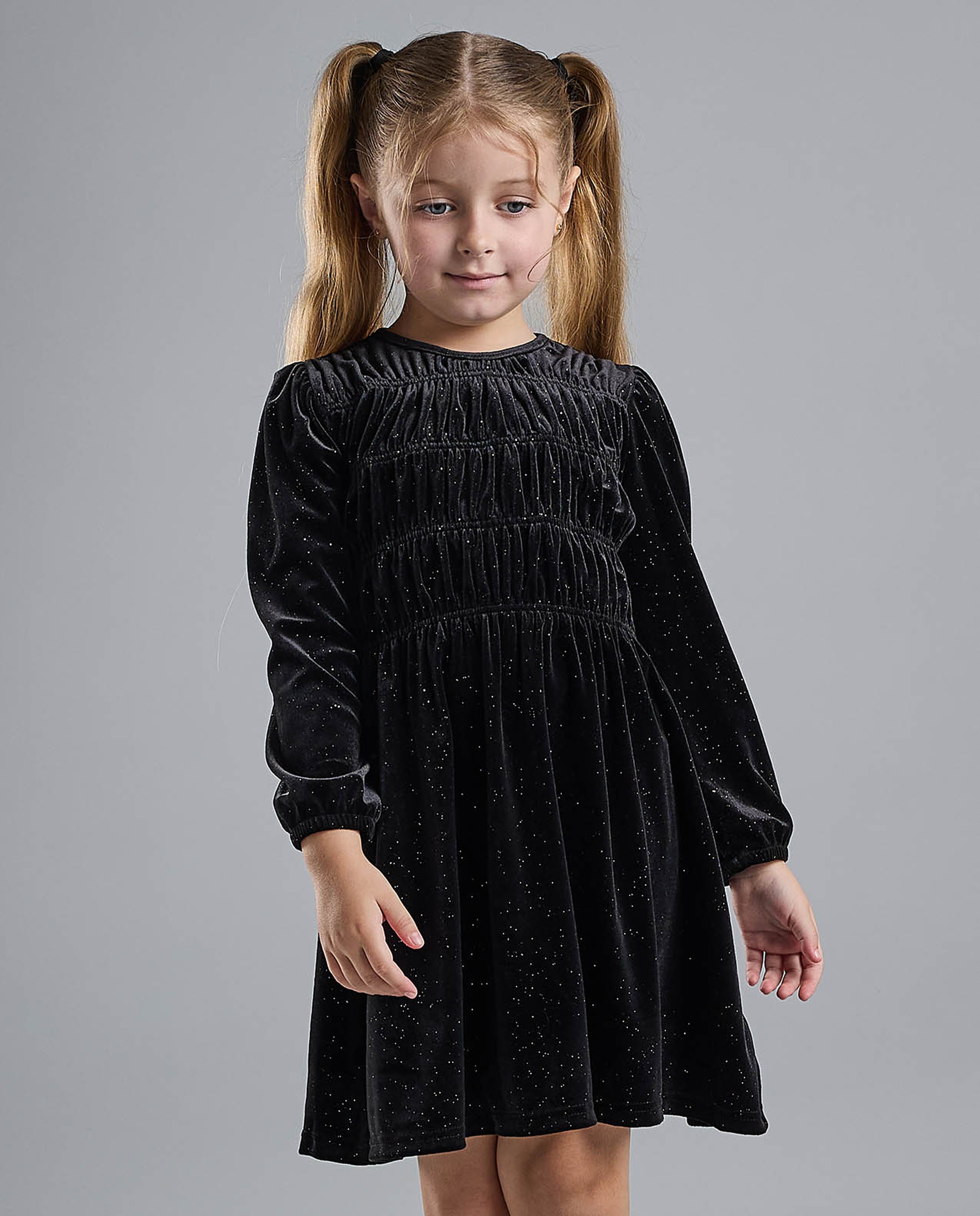 Smocked Fit and Flare Dress with Puff Sleeves