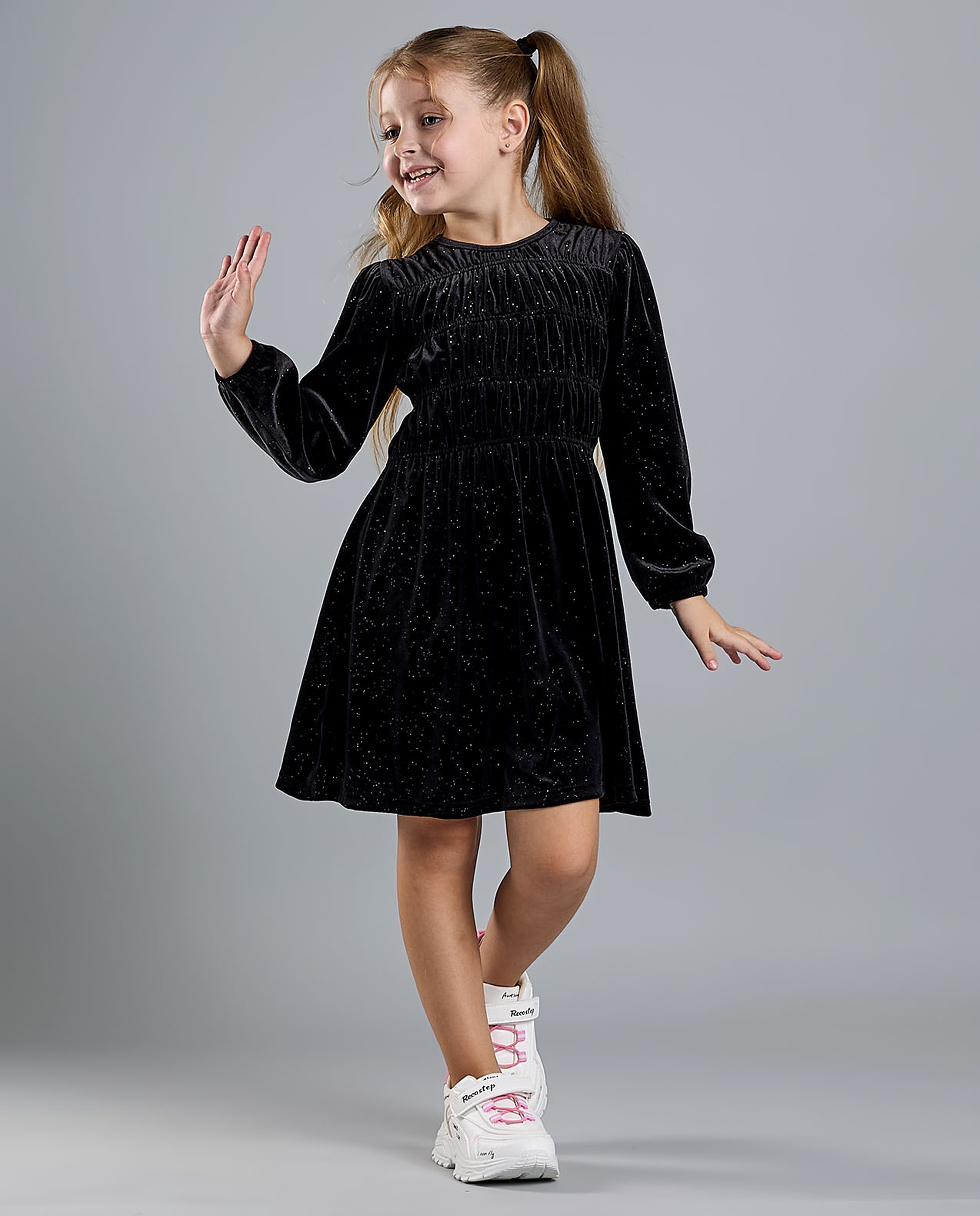 Smocked Fit and Flare Dress with Puff Sleeves