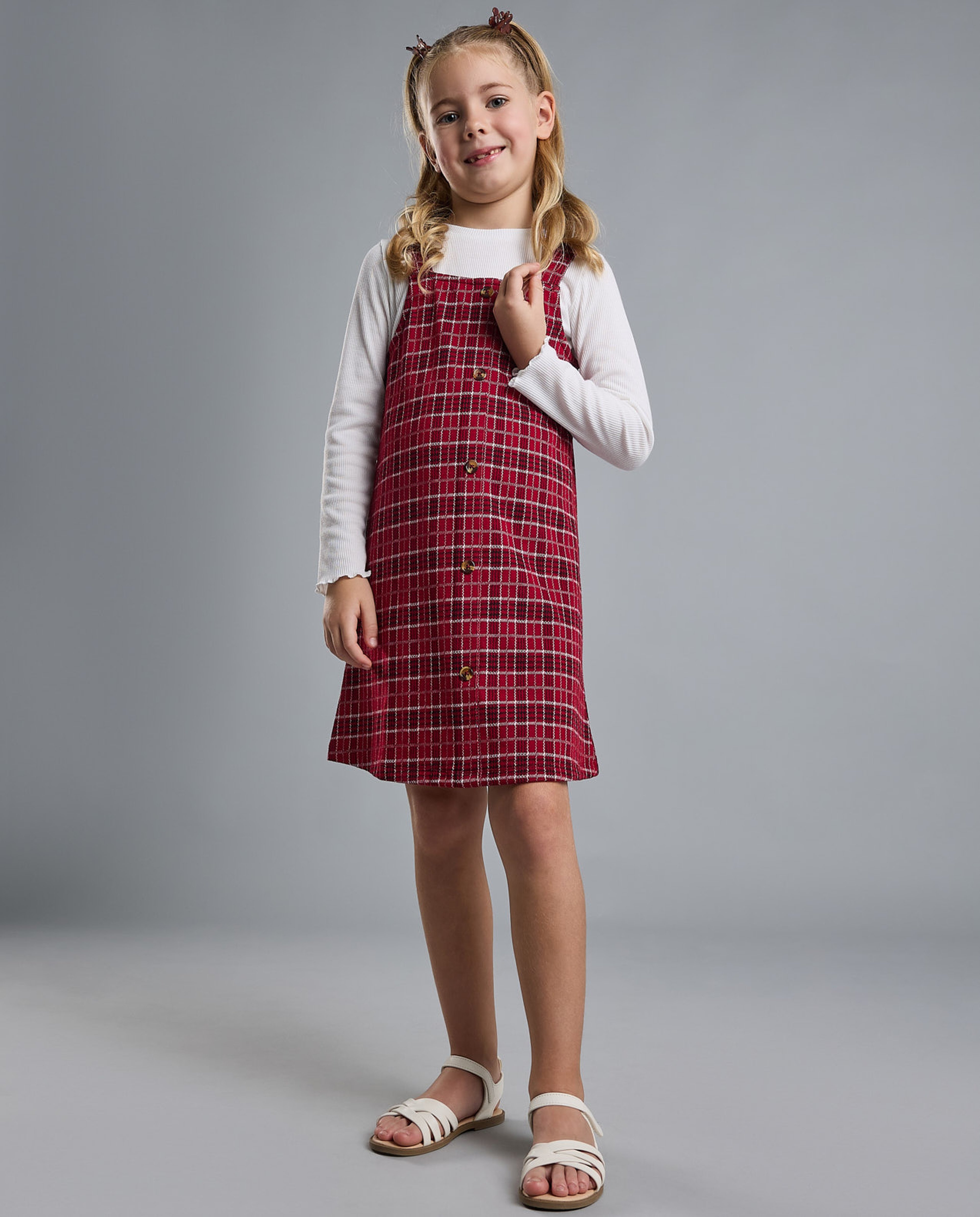 Solid T-Shirt and Plaid Pinafore Set