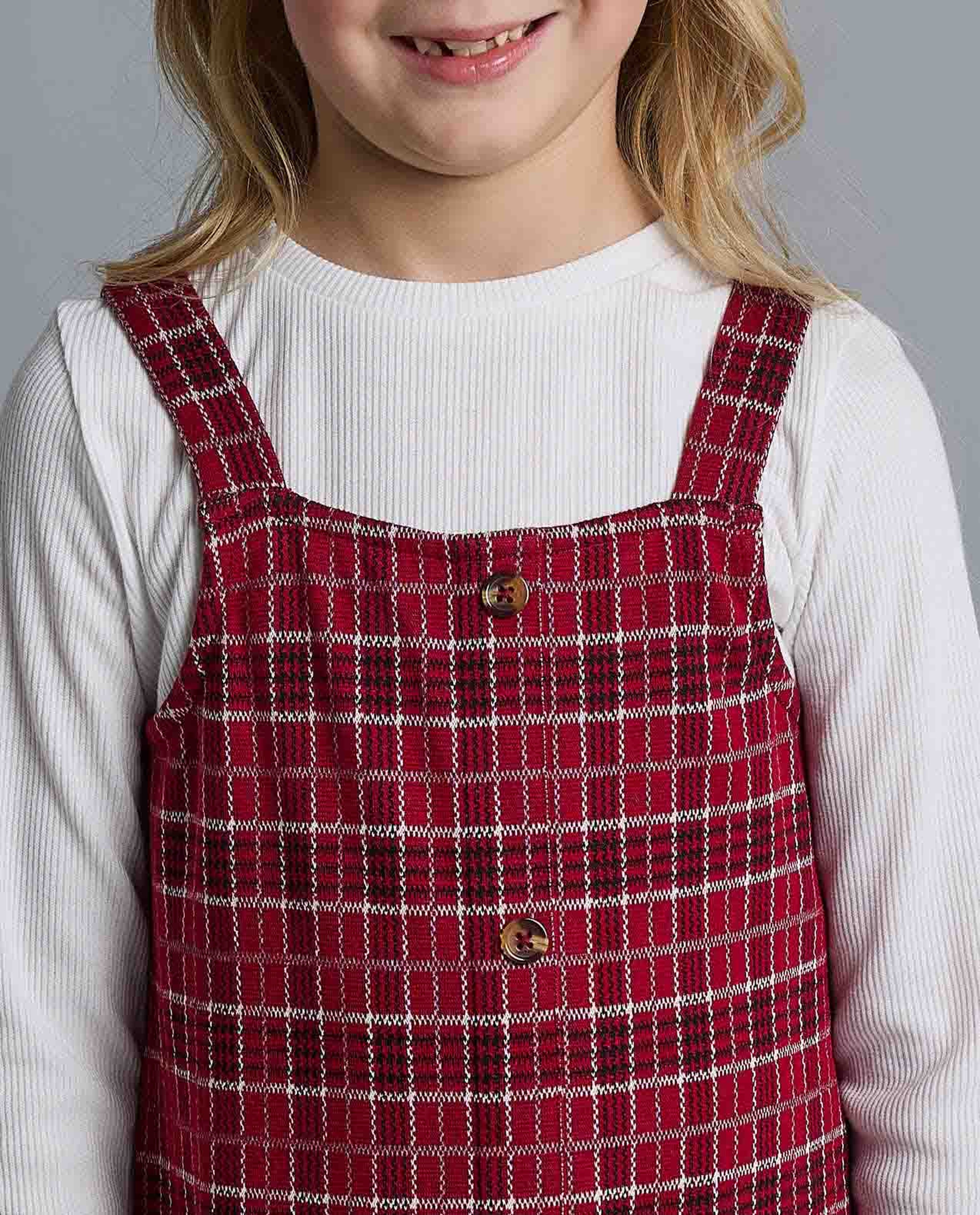 Solid T-Shirt and Plaid Pinafore Set