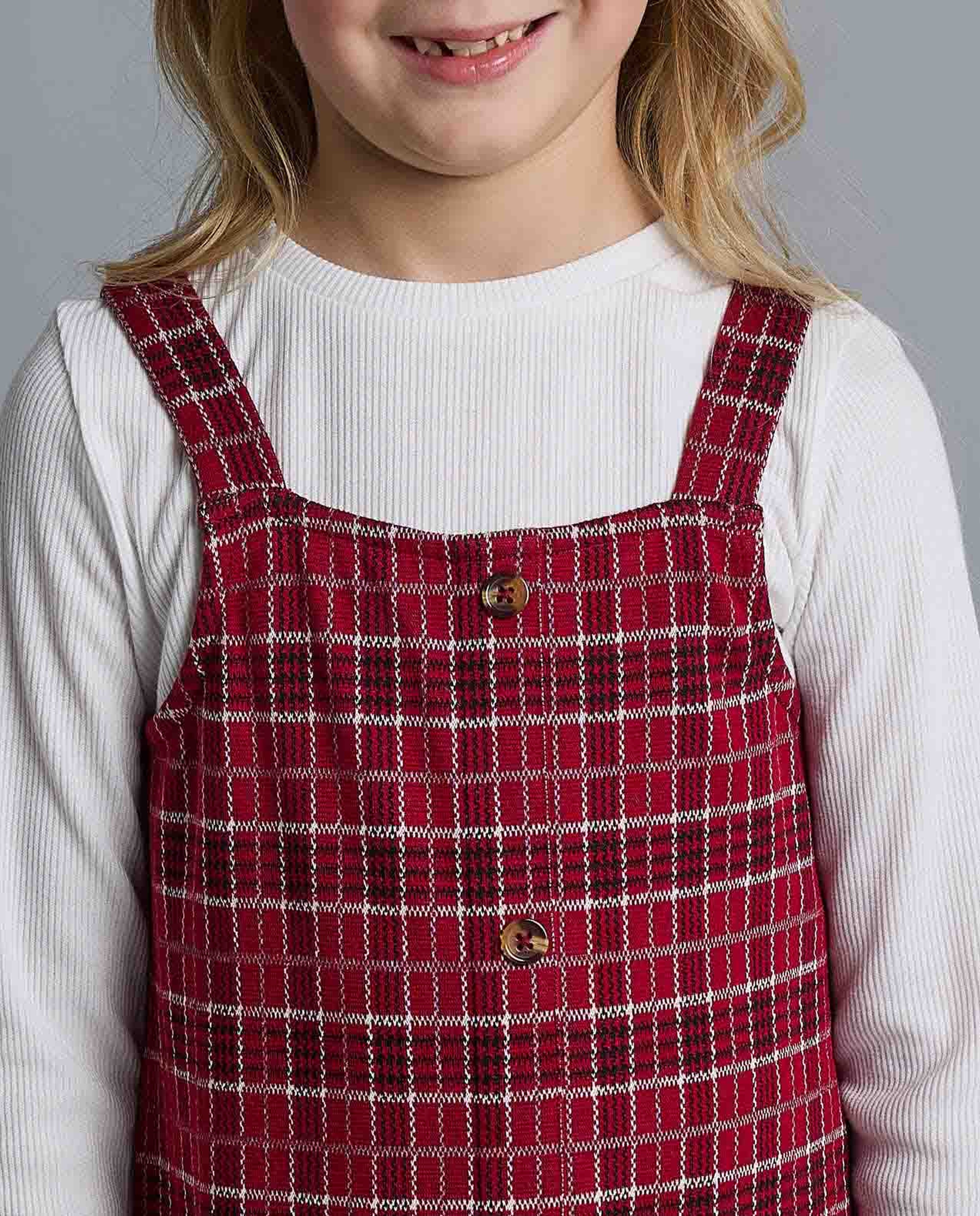 Solid T-Shirt and Plaid Pinafore Set