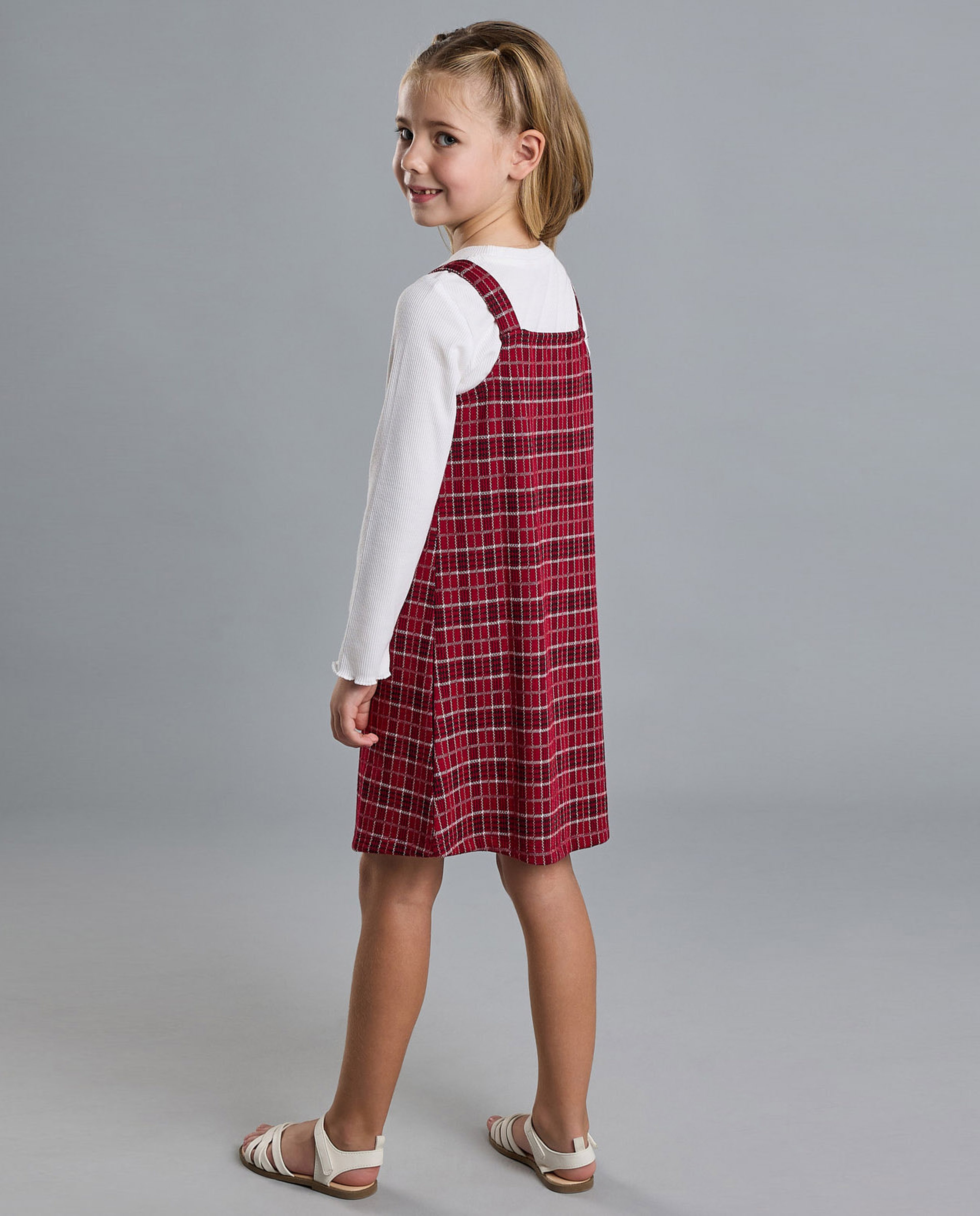 Solid T-Shirt and Plaid Pinafore Set