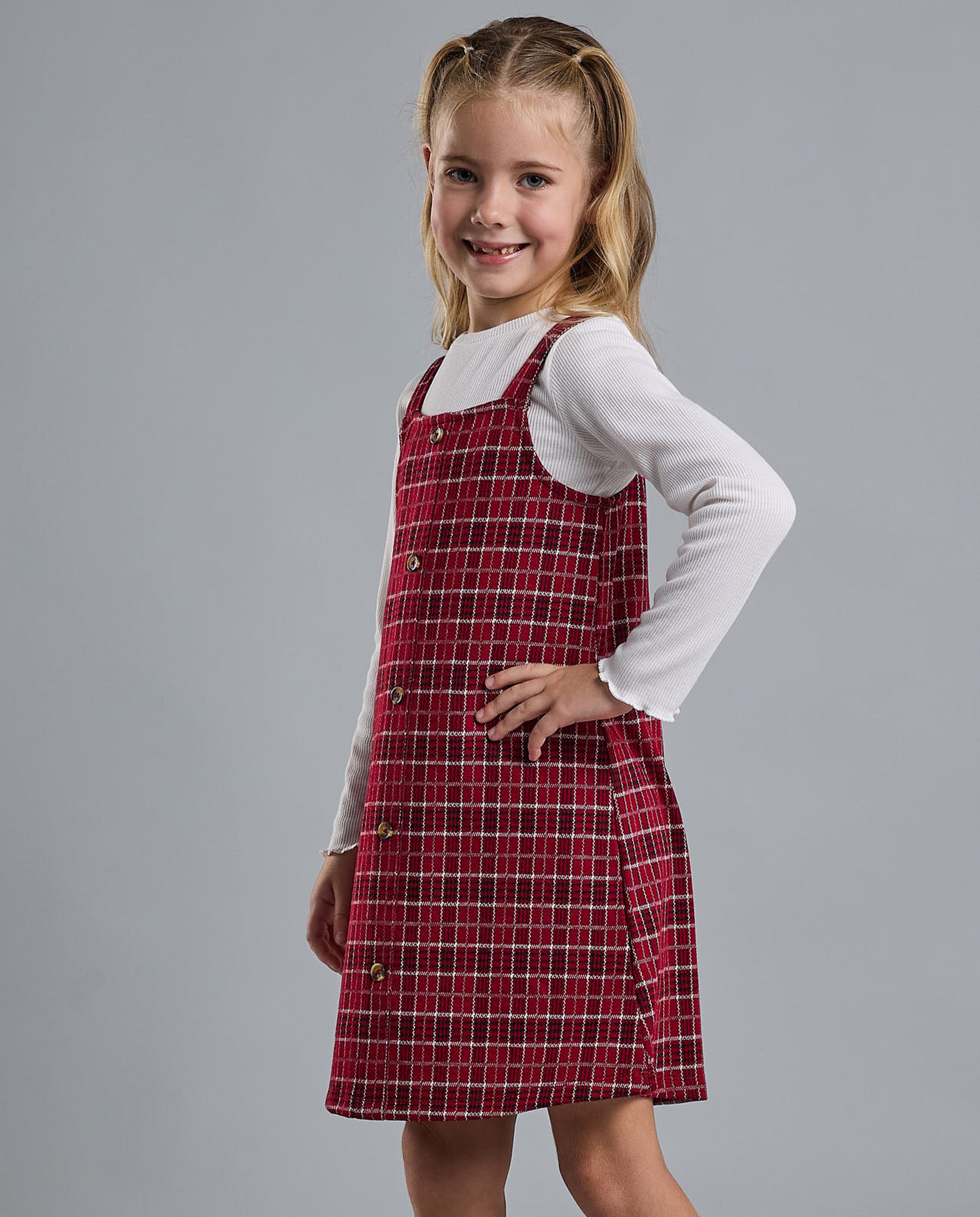 Solid T-Shirt and Plaid Pinafore Set