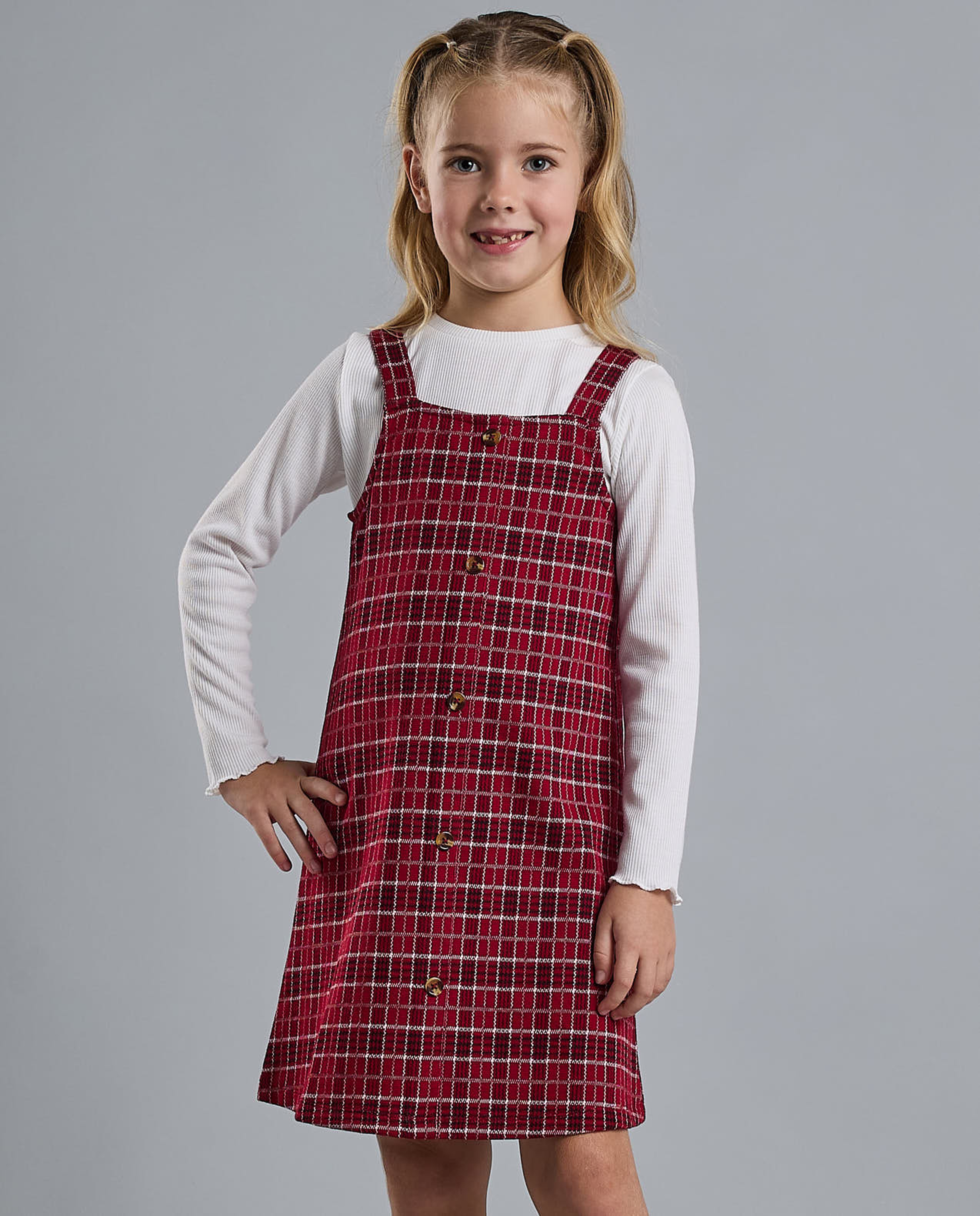 Solid T-Shirt and Plaid Pinafore Set