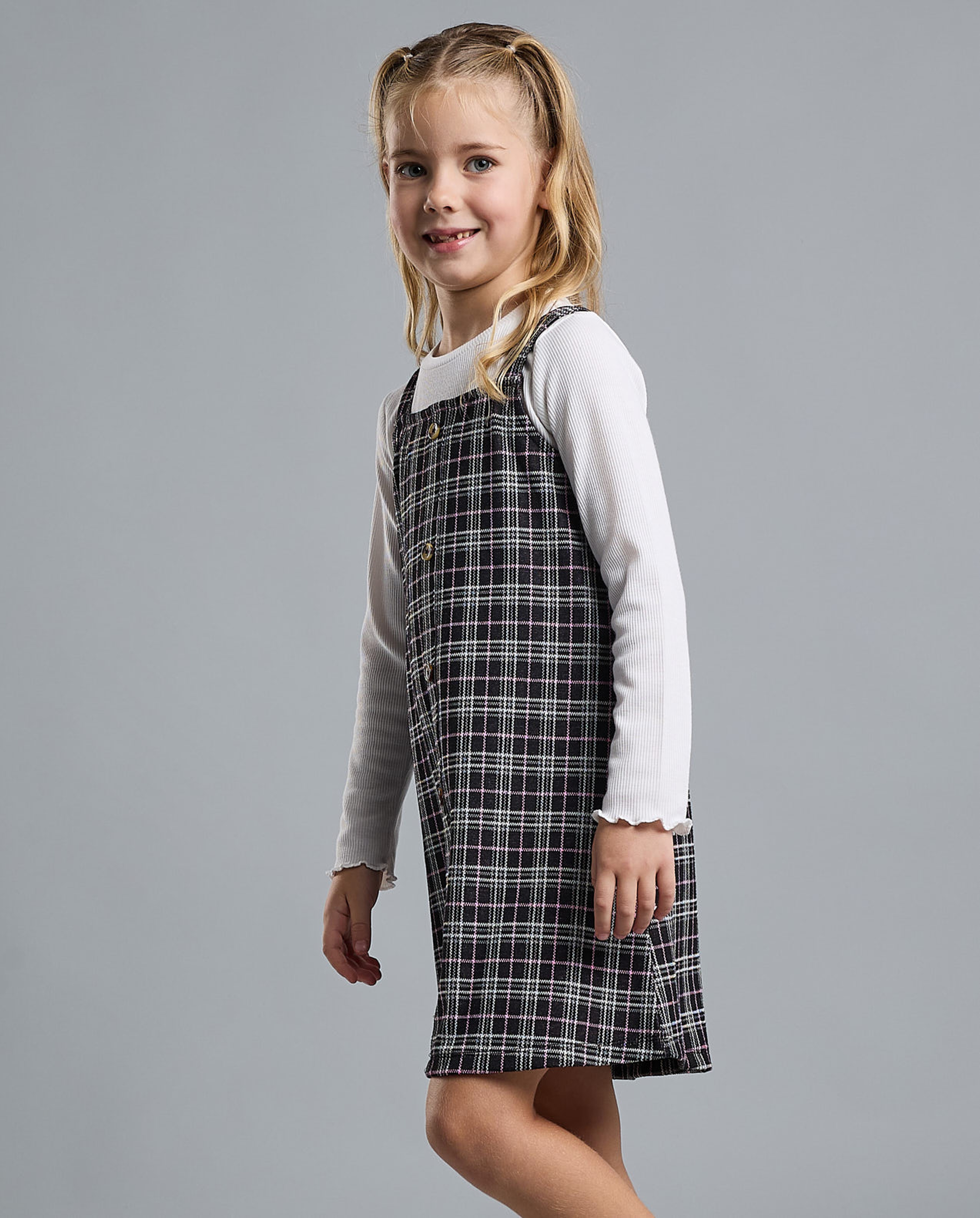 Solid T-Shirt and Plaid Pinafore Set