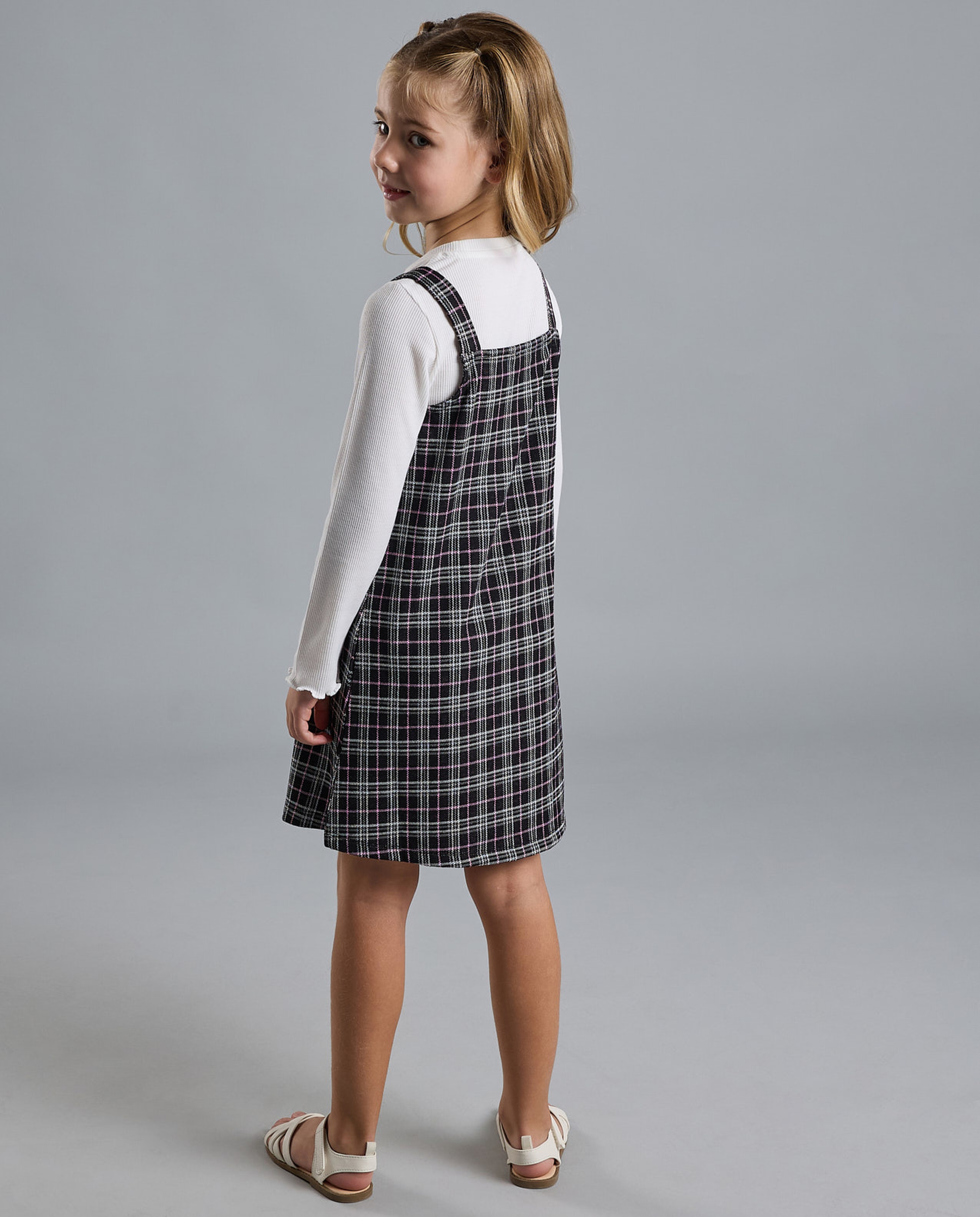 Solid T-Shirt and Plaid Pinafore Set