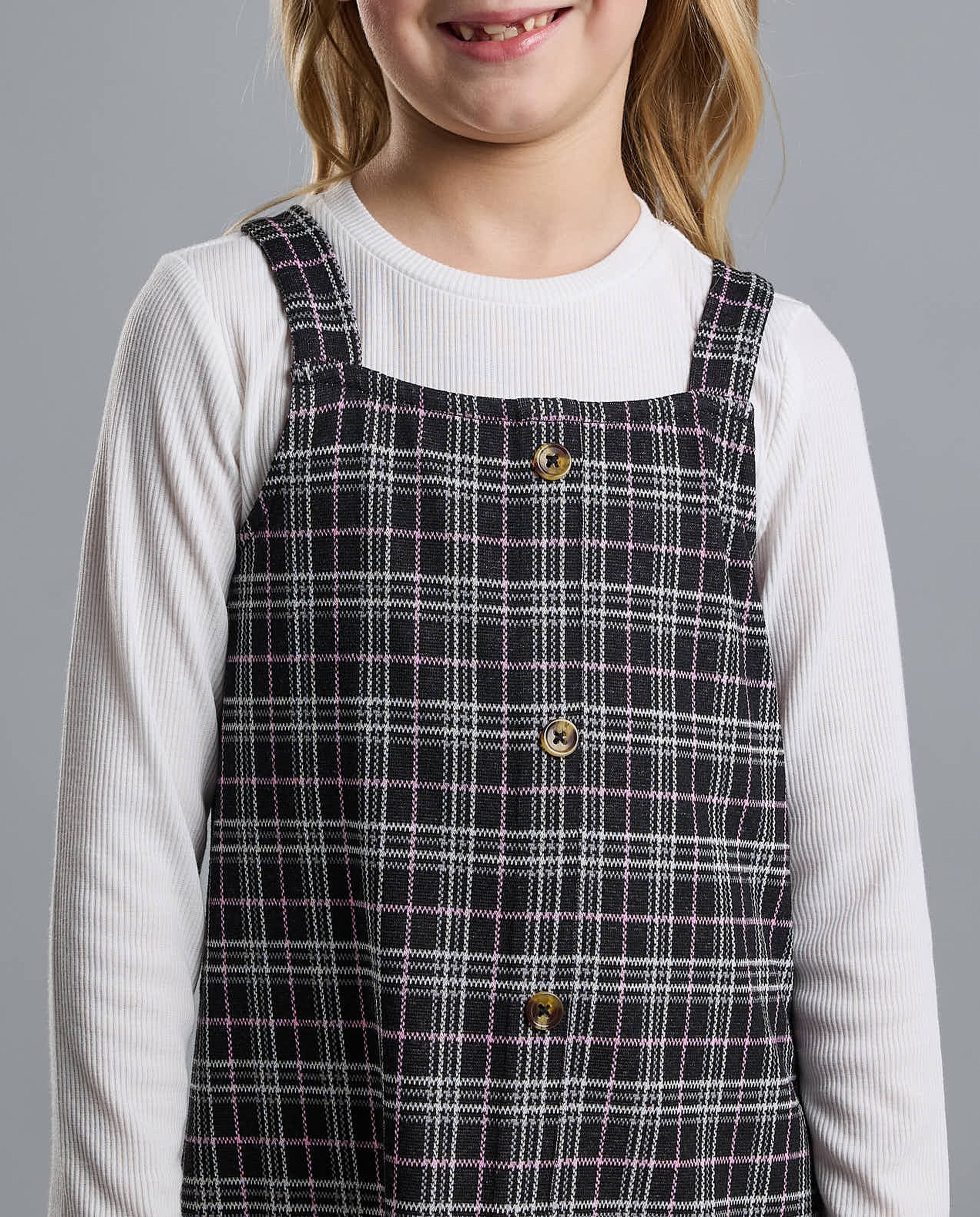 Solid T-Shirt and Plaid Pinafore Set