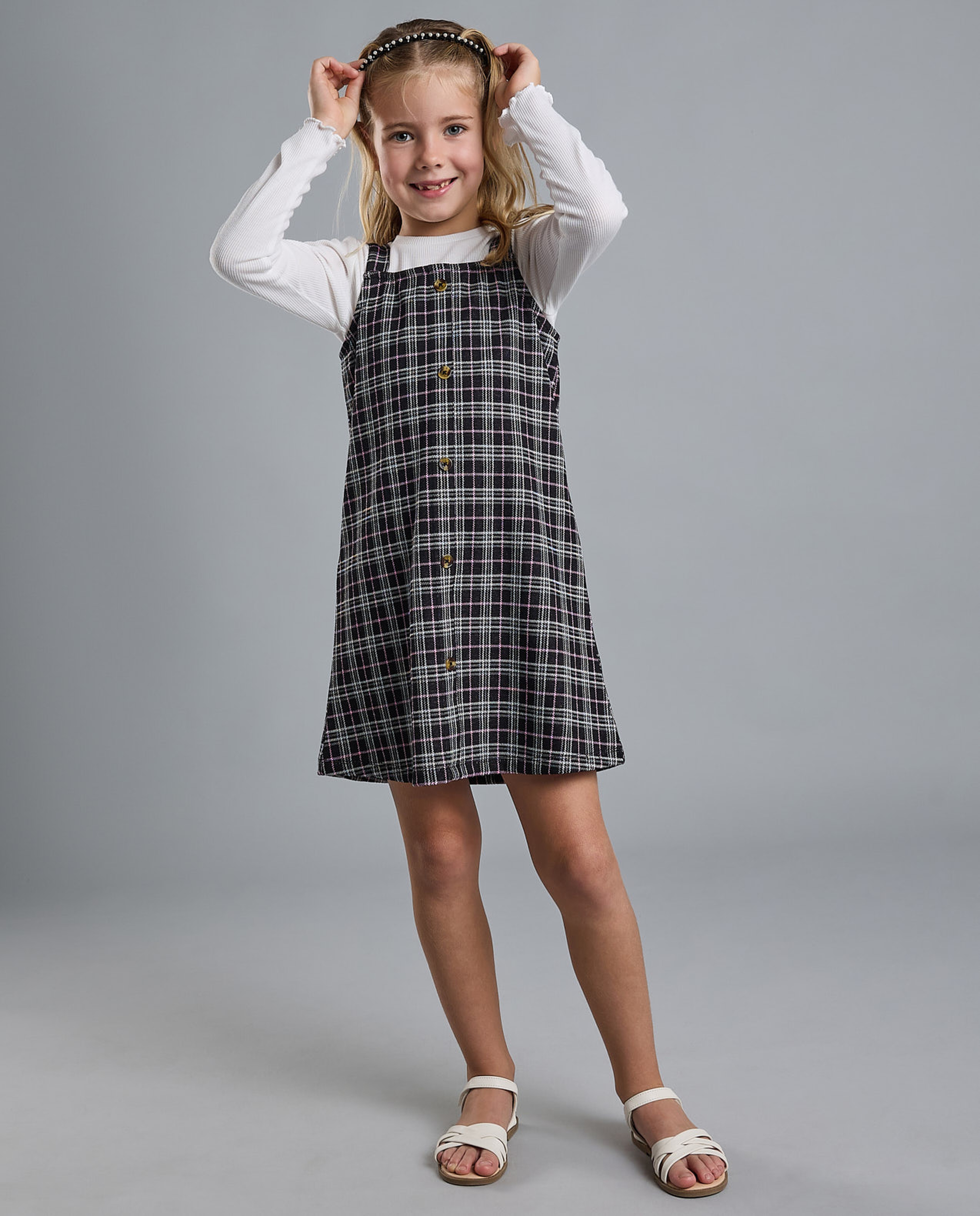 Solid T-Shirt and Plaid Pinafore Set