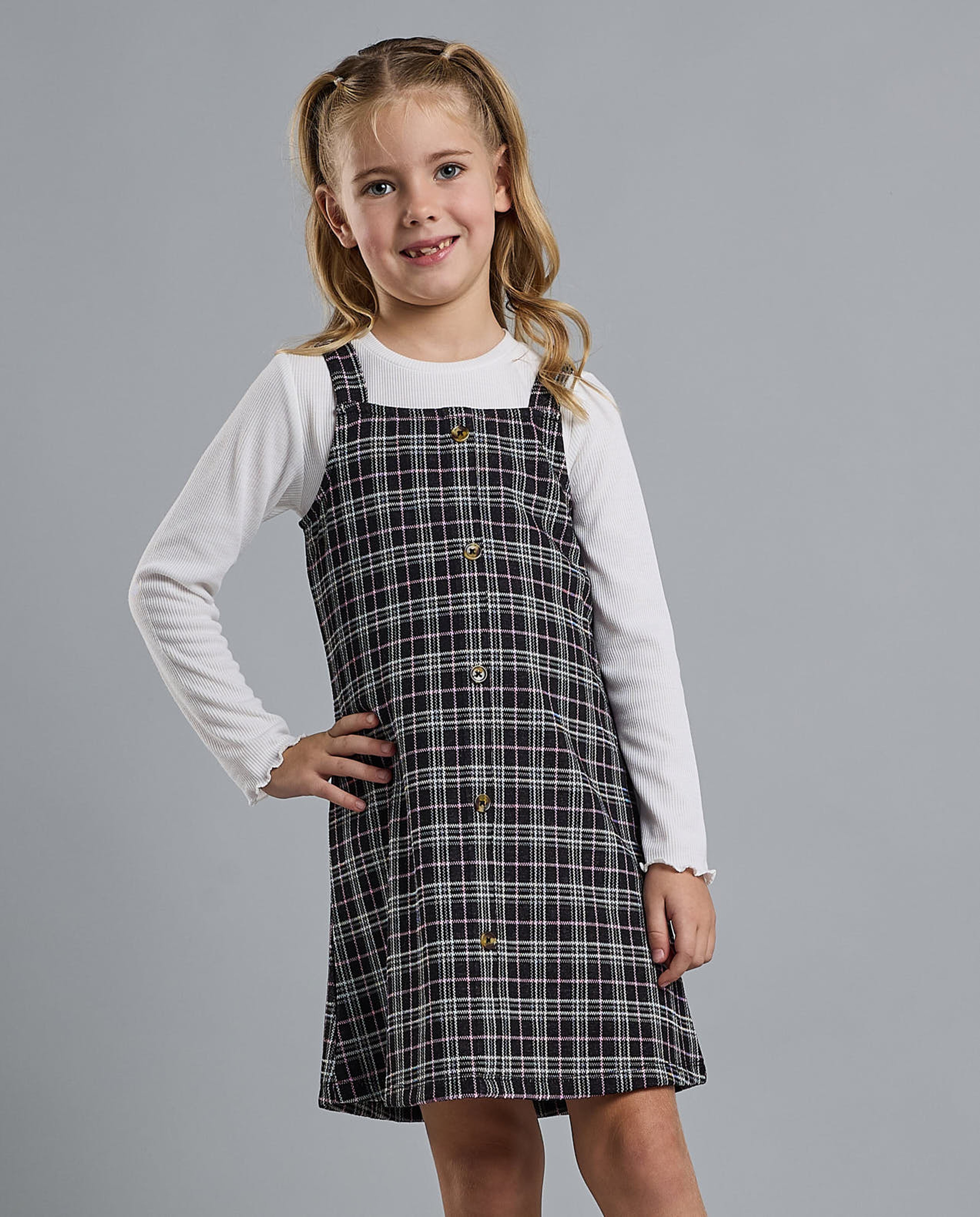 Solid T-Shirt and Plaid Pinafore Set