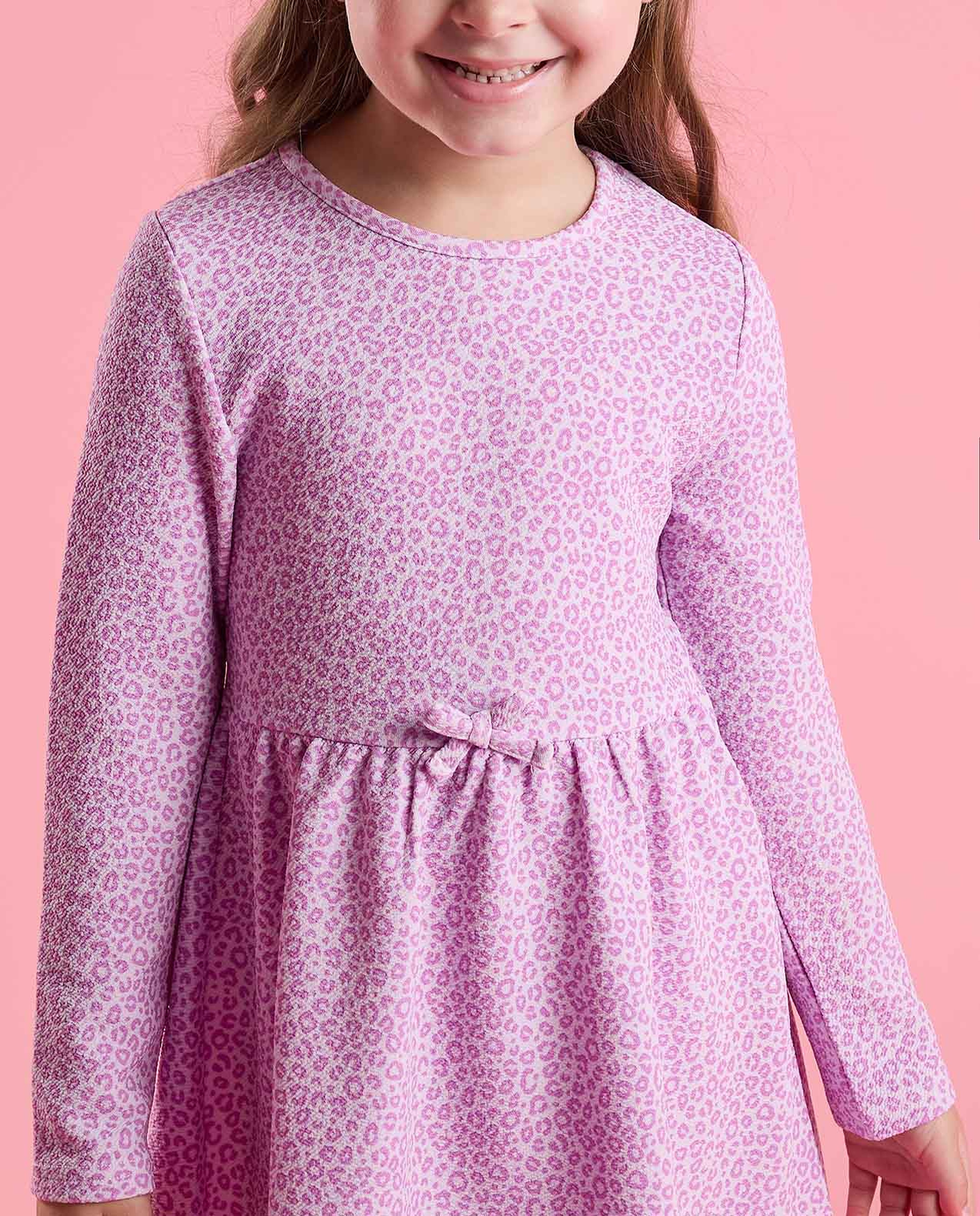 Animal Patterned Fit and Flare Dress with Long Sleeves