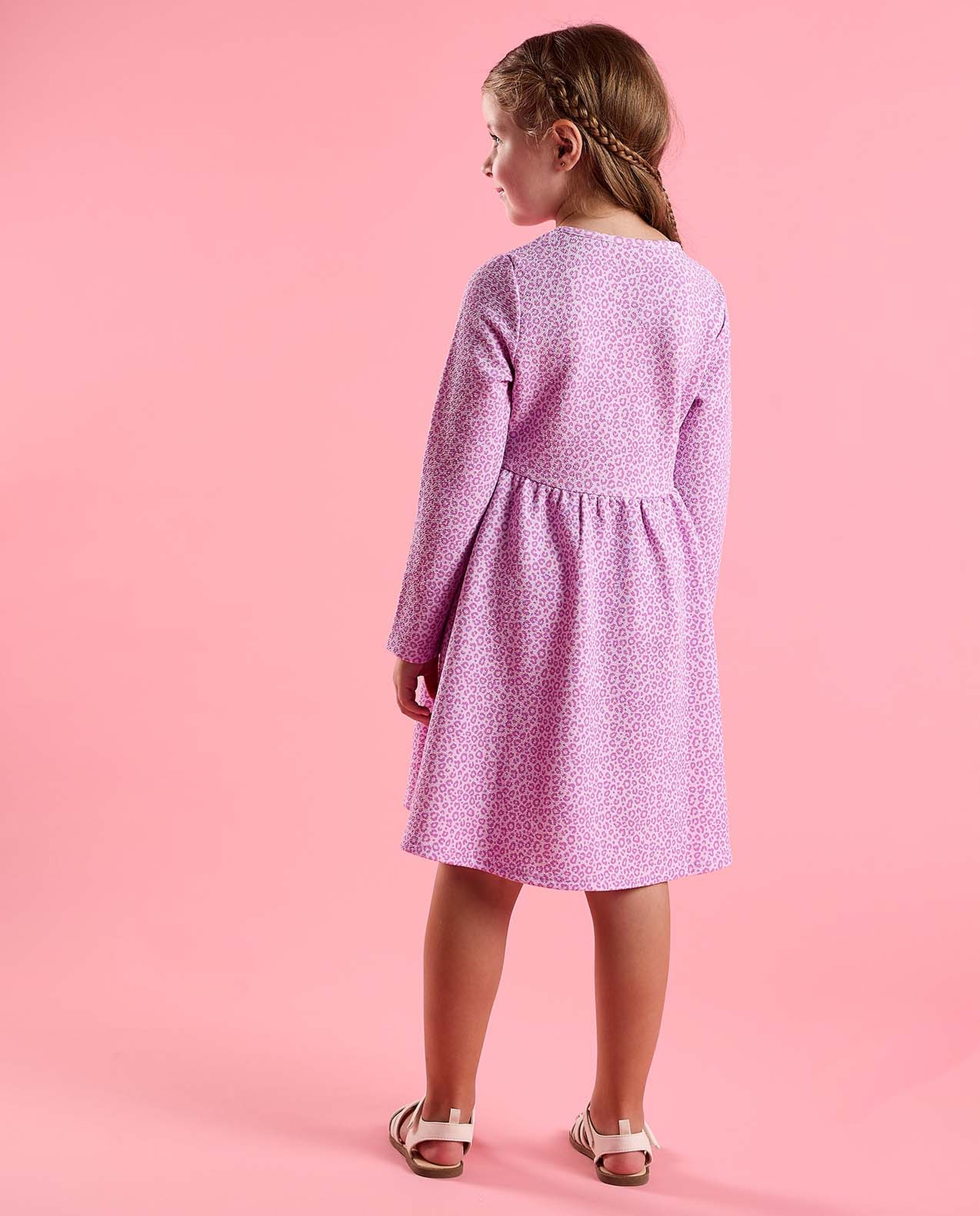 Animal Patterned Fit and Flare Dress with Long Sleeves