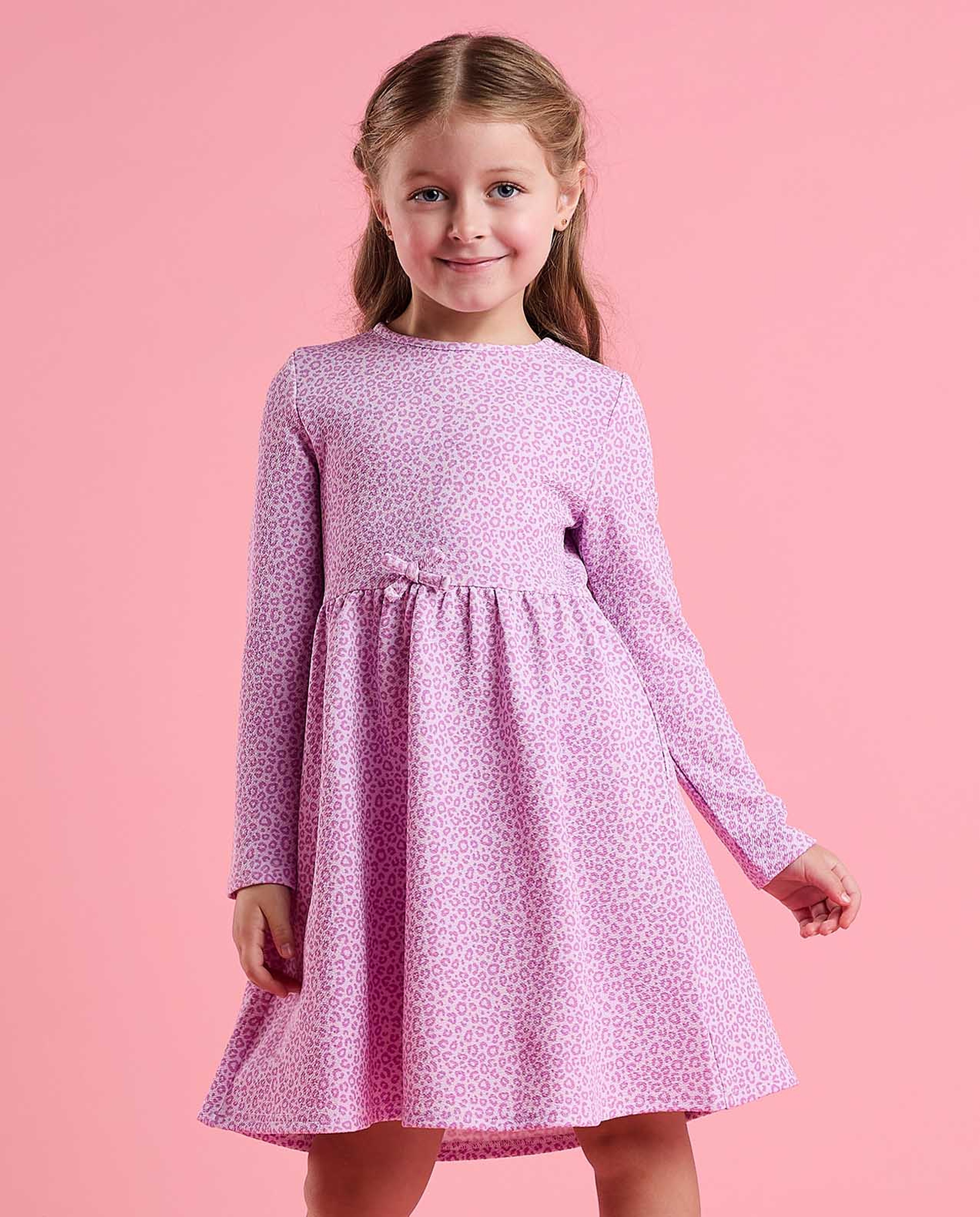 Animal Patterned Fit and Flare Dress with Long Sleeves