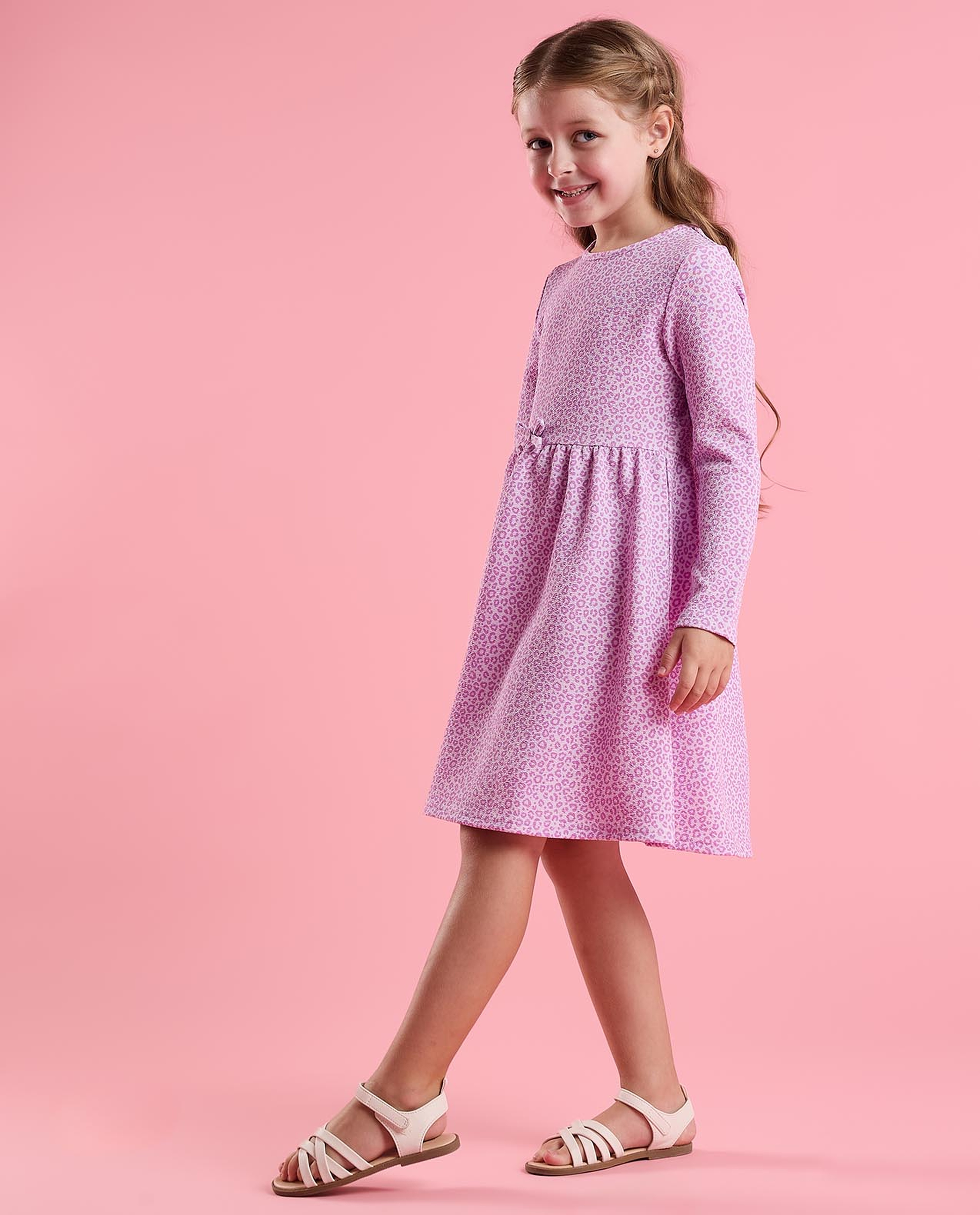 Animal Patterned Fit and Flare Dress with Long Sleeves