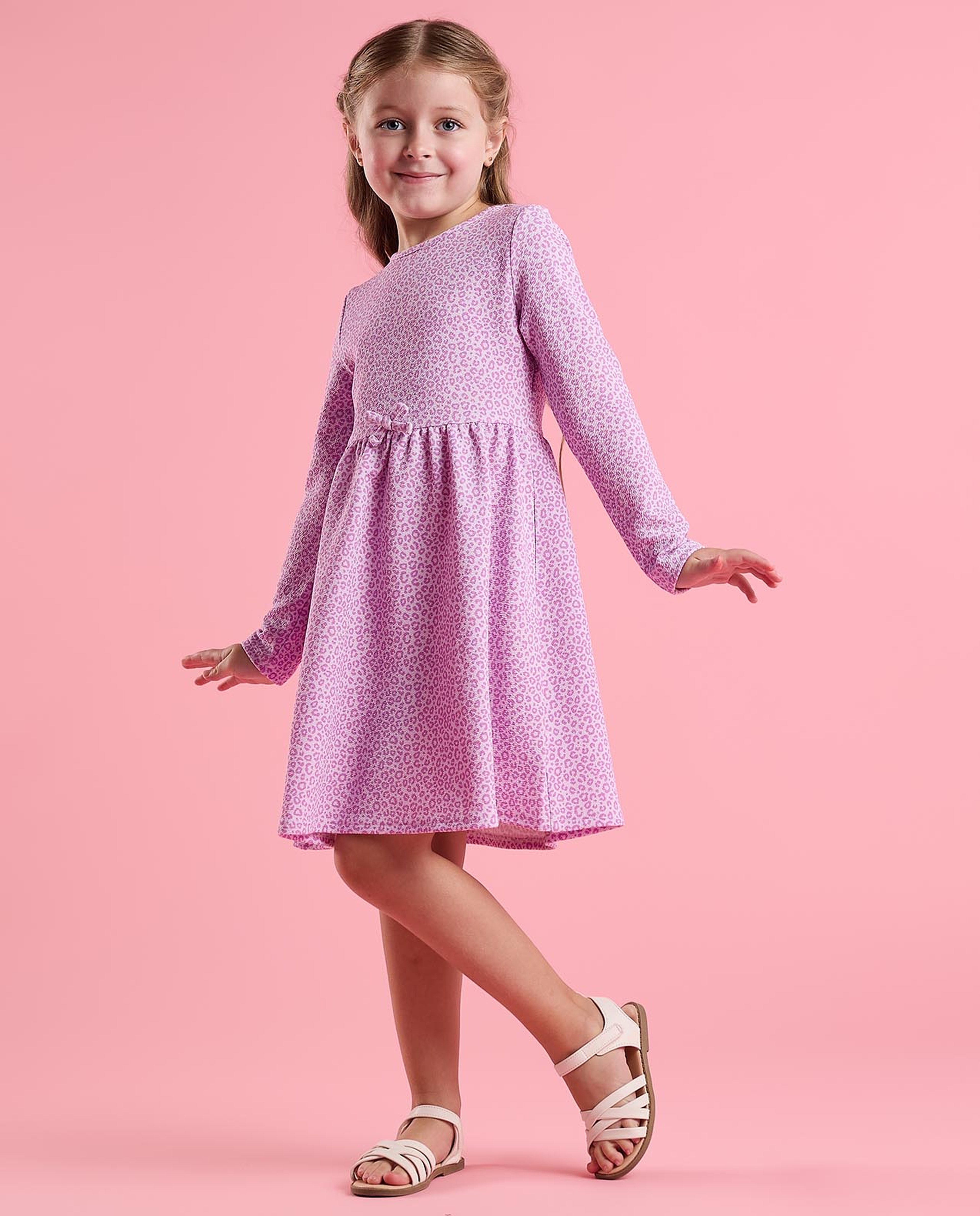 Animal Patterned Fit and Flare Dress with Long Sleeves