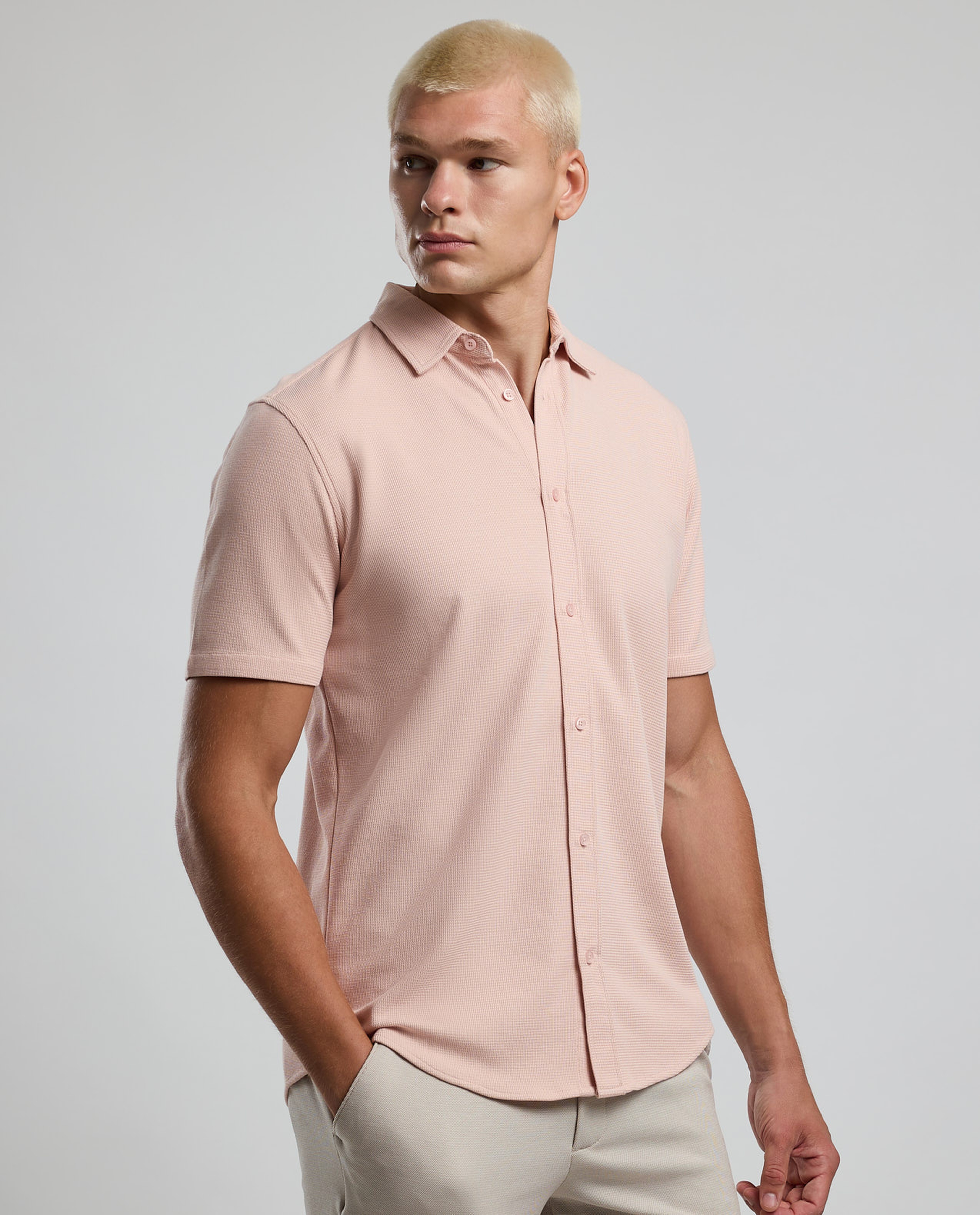 Solid Shirt with Classic Collar and Short Sleeves