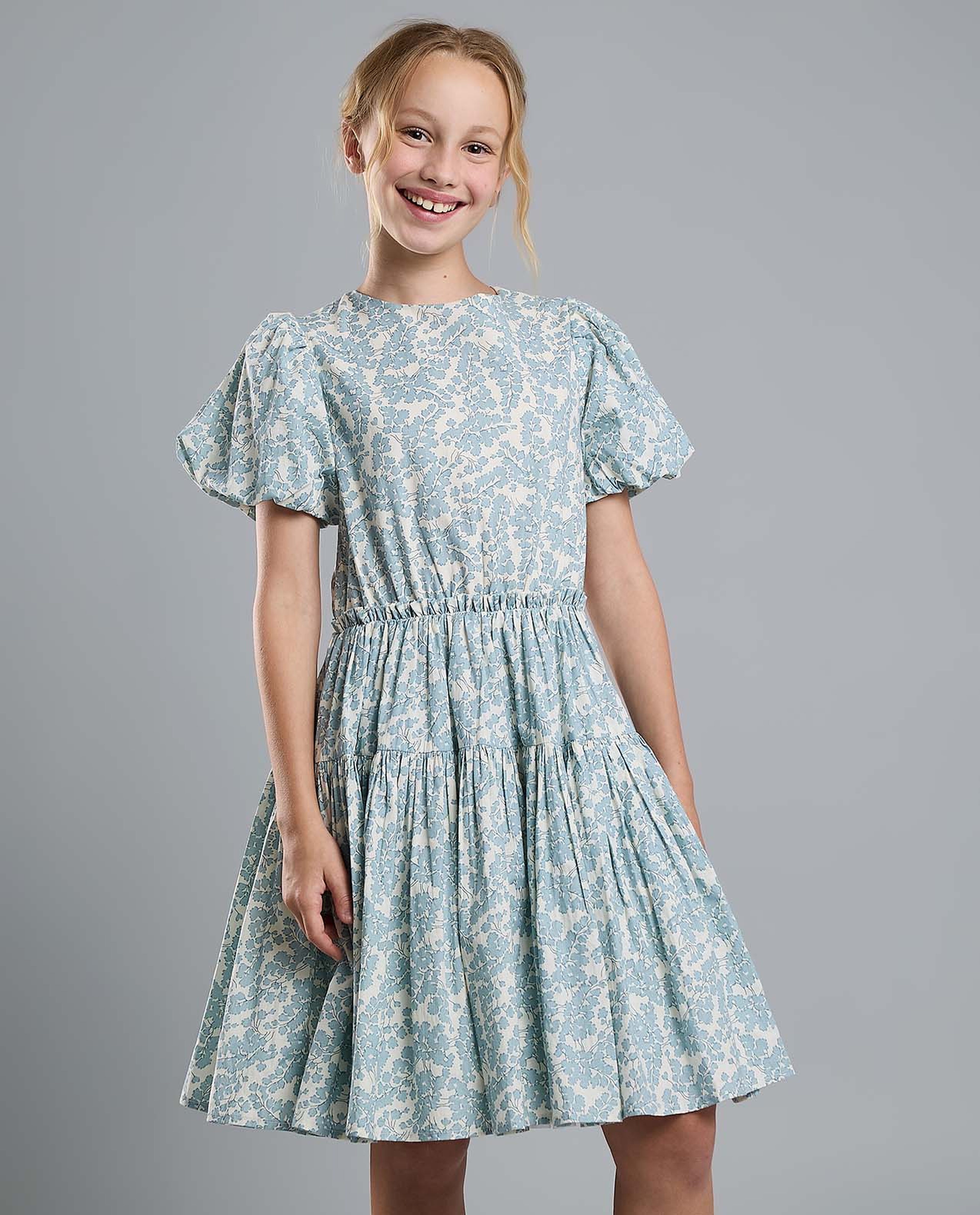 Printed Fit and Flare Dress with Puff Sleeves