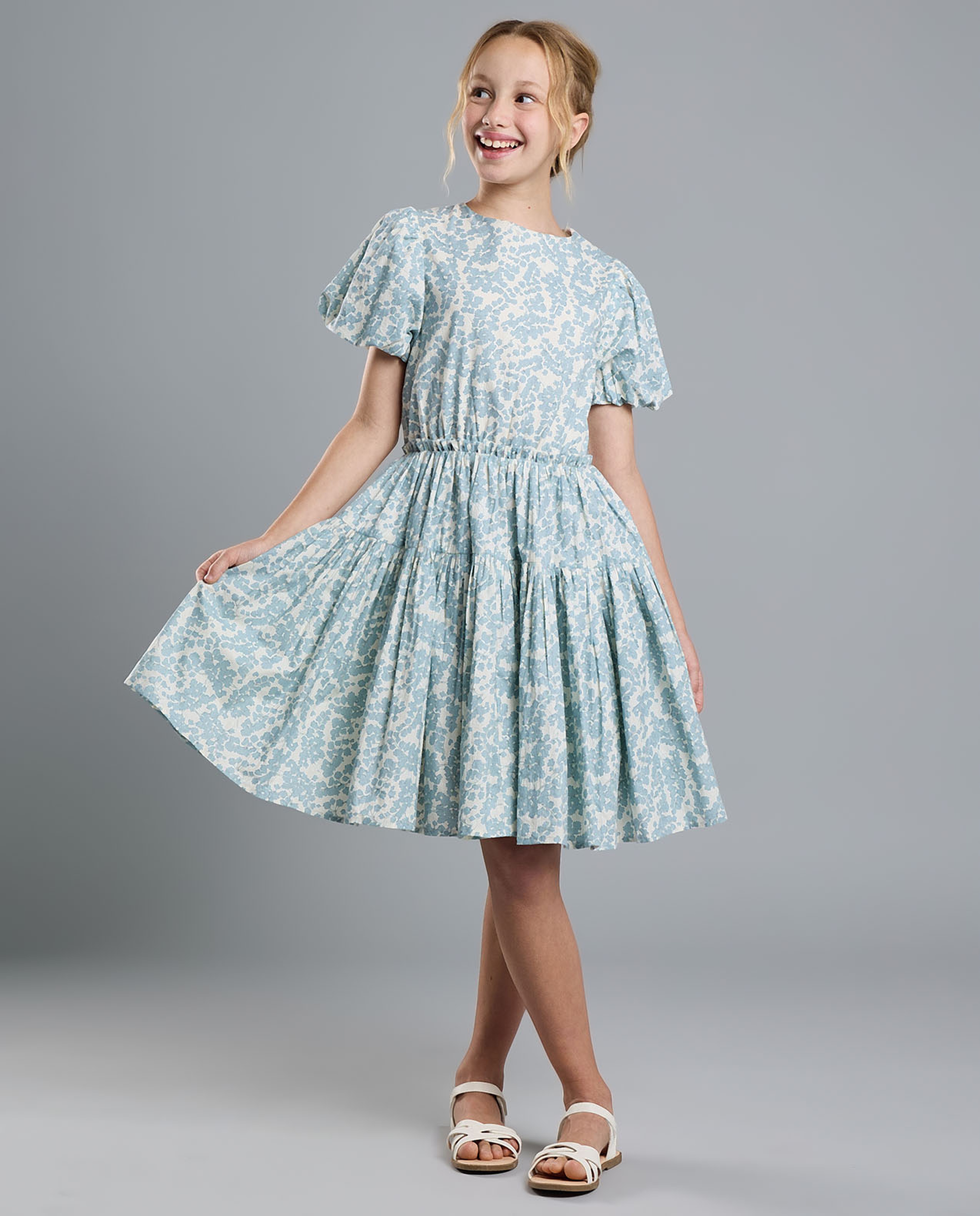 Printed Fit and Flare Dress with Puff Sleeves