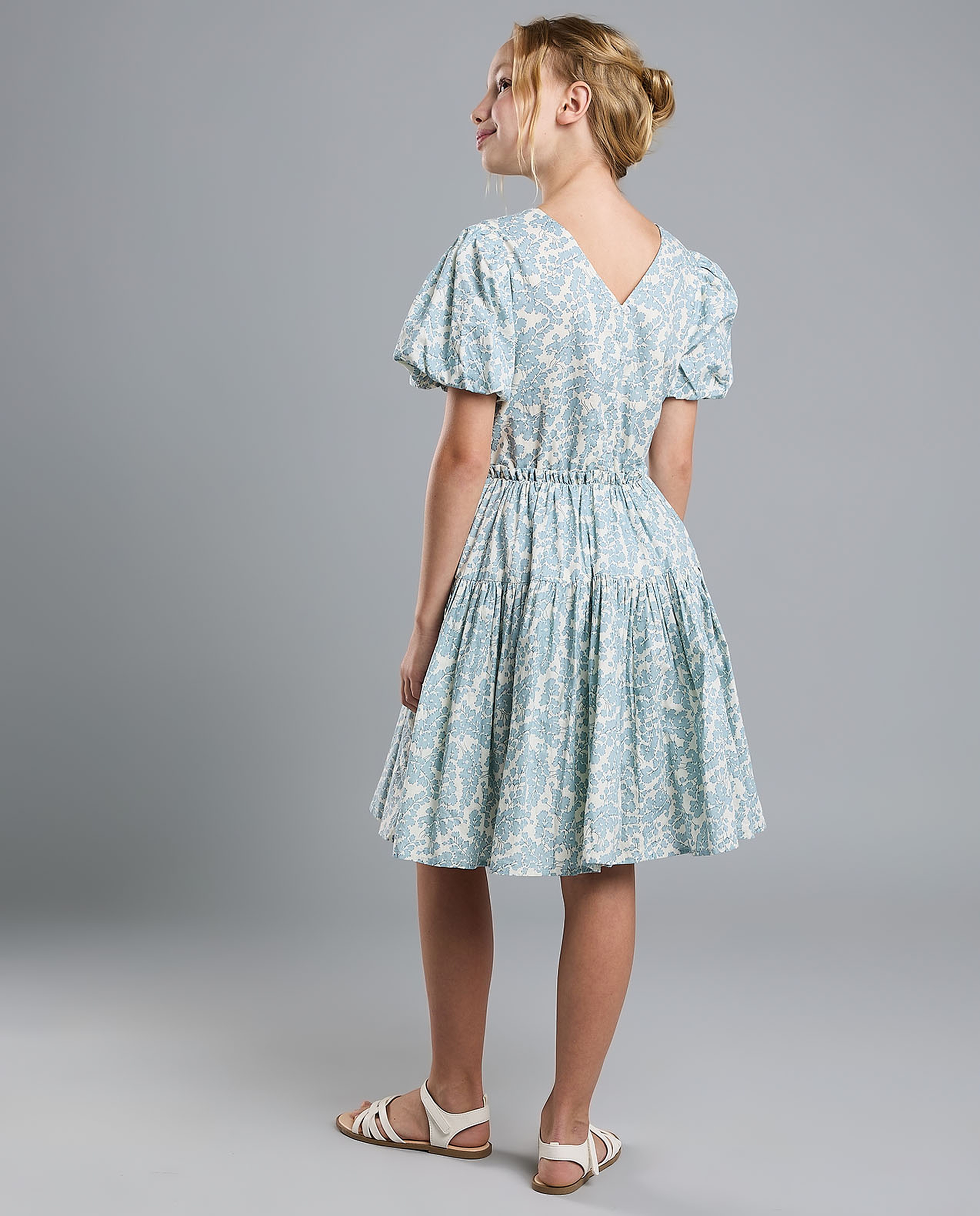 Printed Fit and Flare Dress with Puff Sleeves